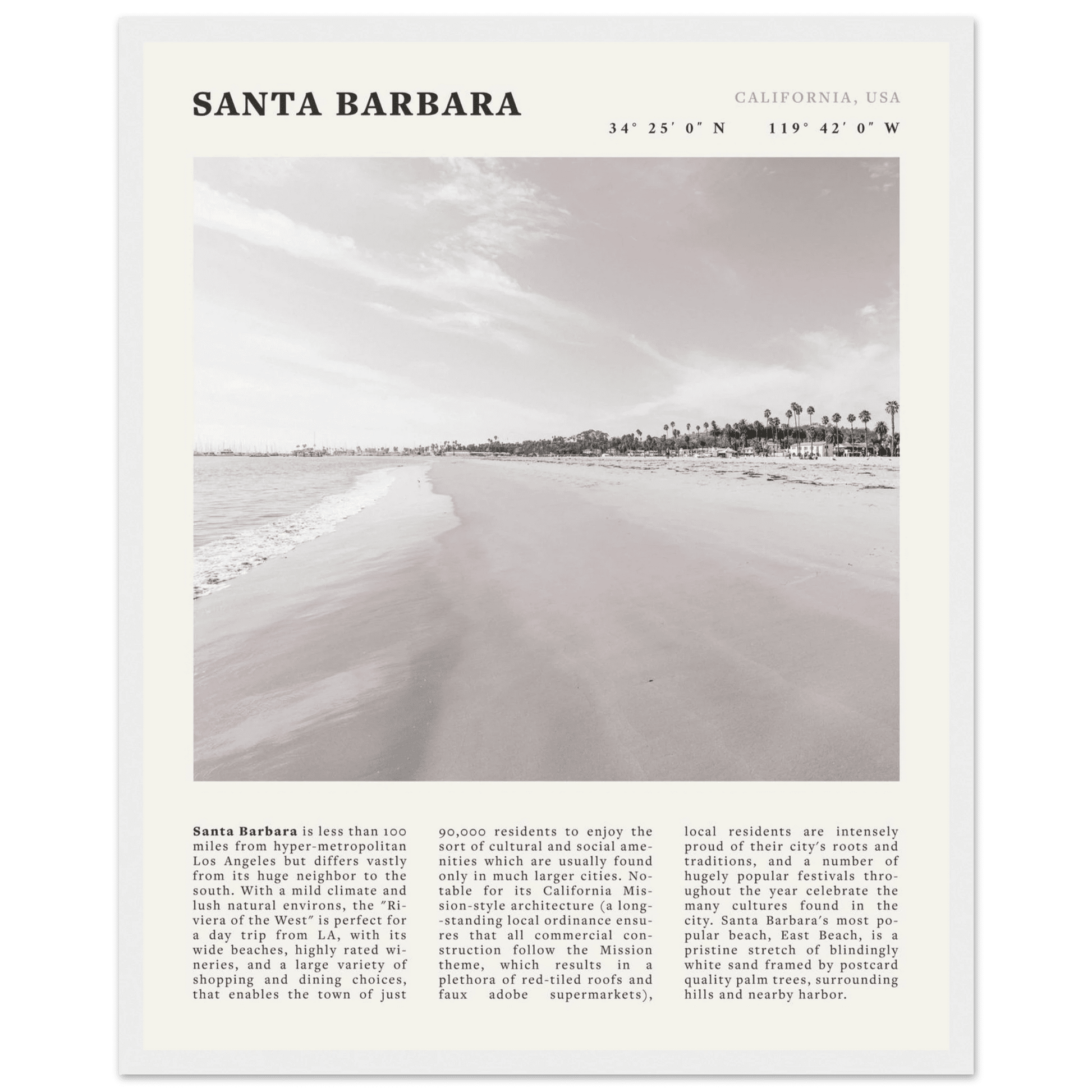 Santa Barbara Poster | Black & White California Beach Wall Art | CA Travel Print - Evergreen Posters