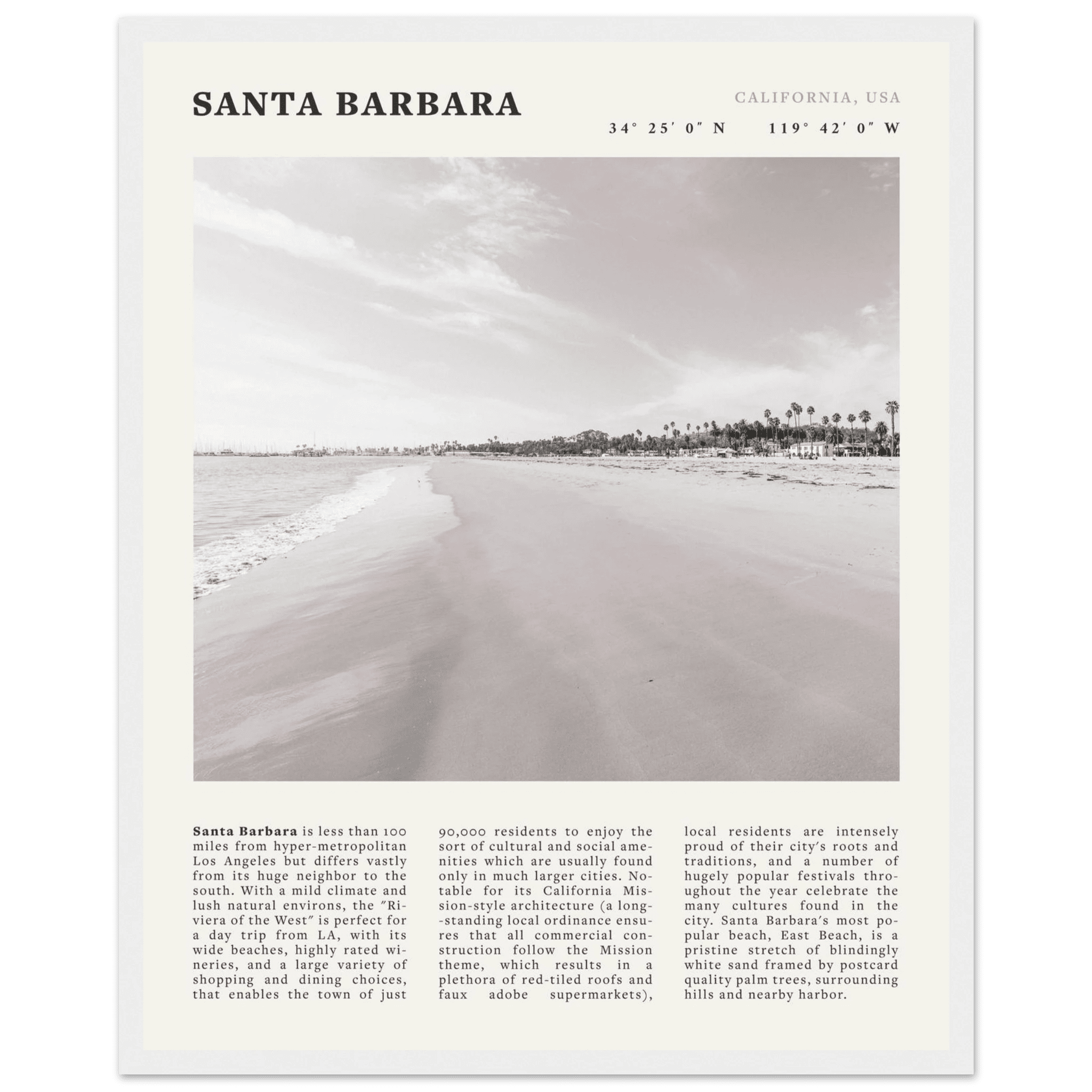 Santa Barbara Poster | Black & White California Beach Wall Art | CA Travel Print - Evergreen Posters