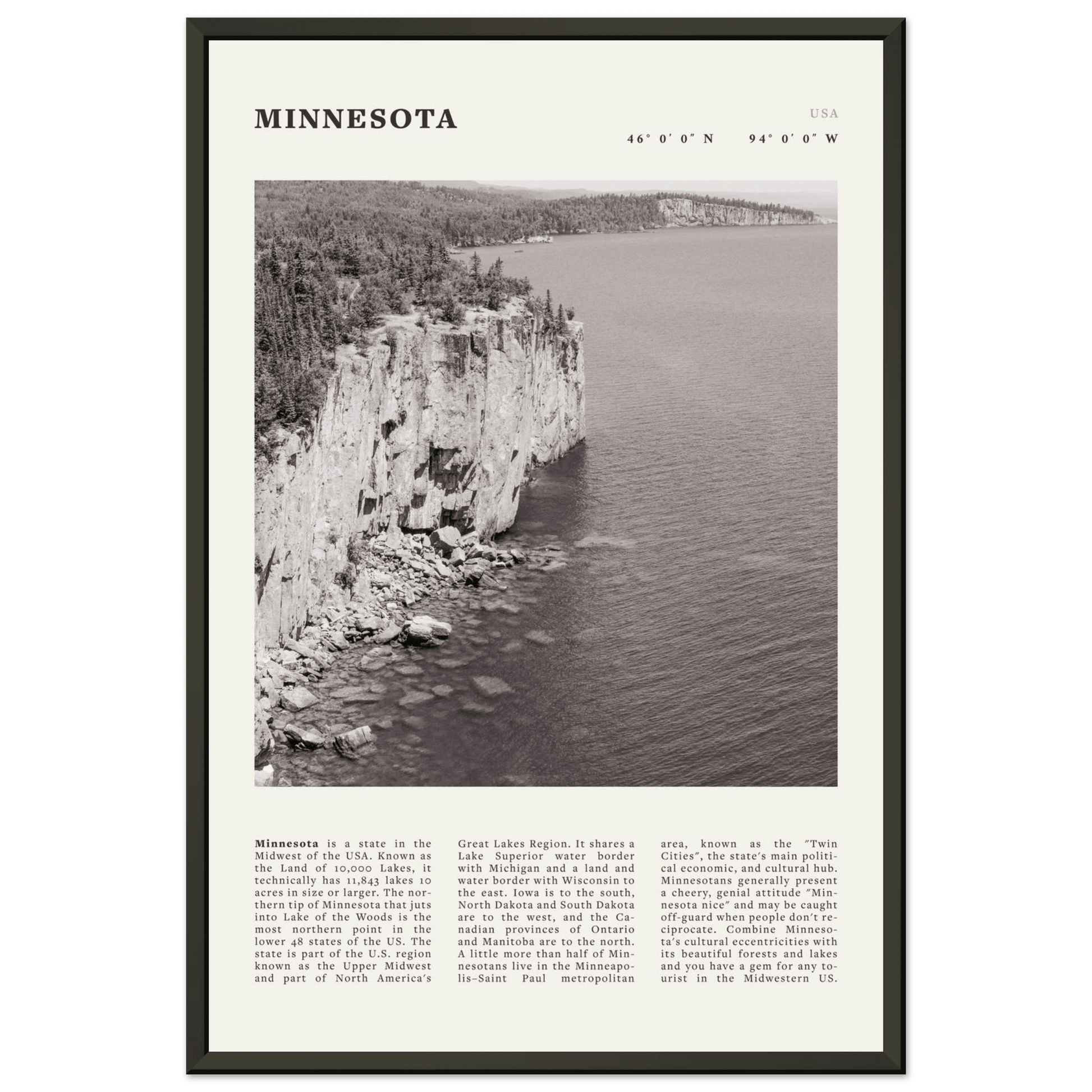Minnesota Poster | Black & White Lake Superior Wall Art | USA Nature Travel Print - Evergreen Posters