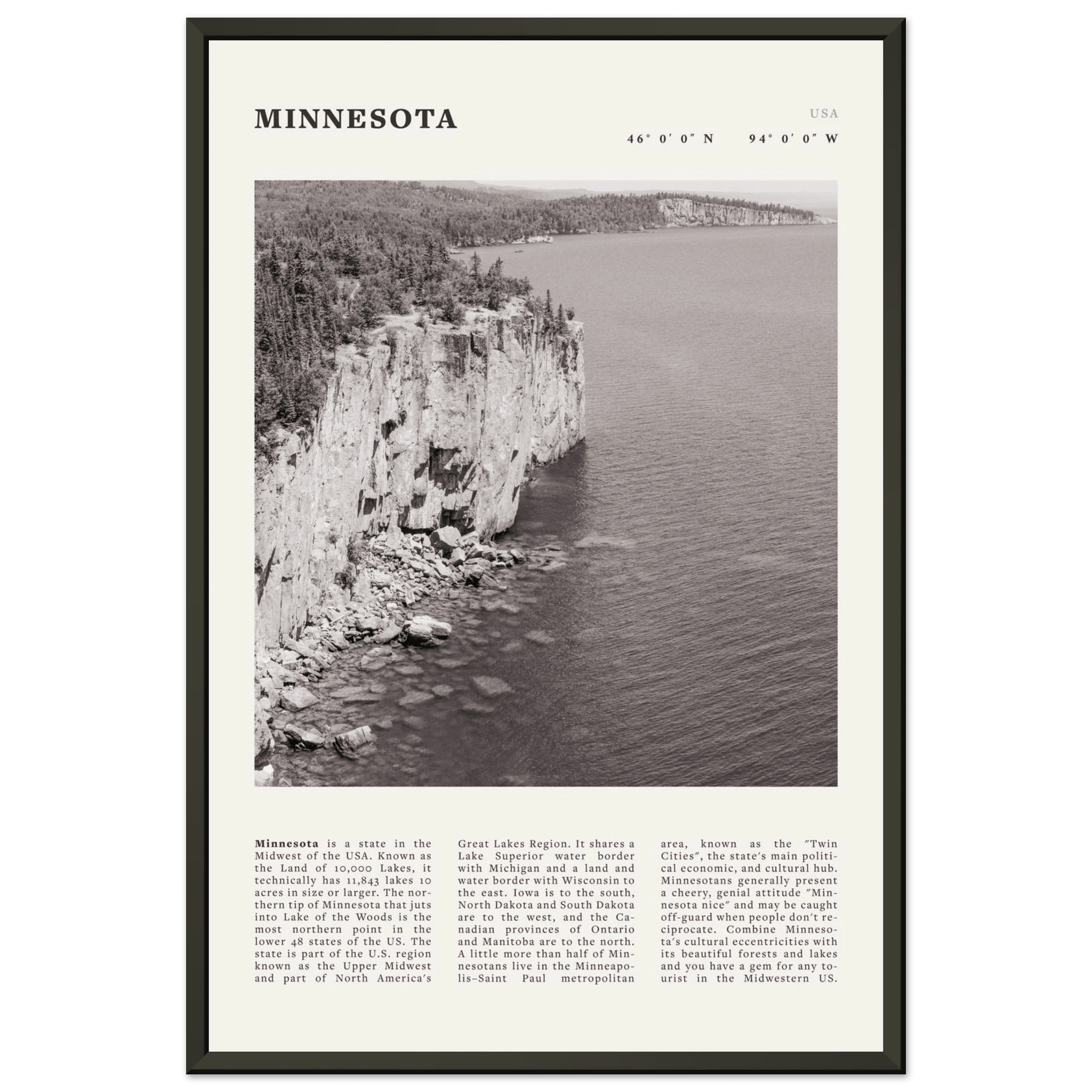 Minnesota Poster | Black & White Lake Superior Wall Art | USA Nature Travel Print - Evergreen Posters
