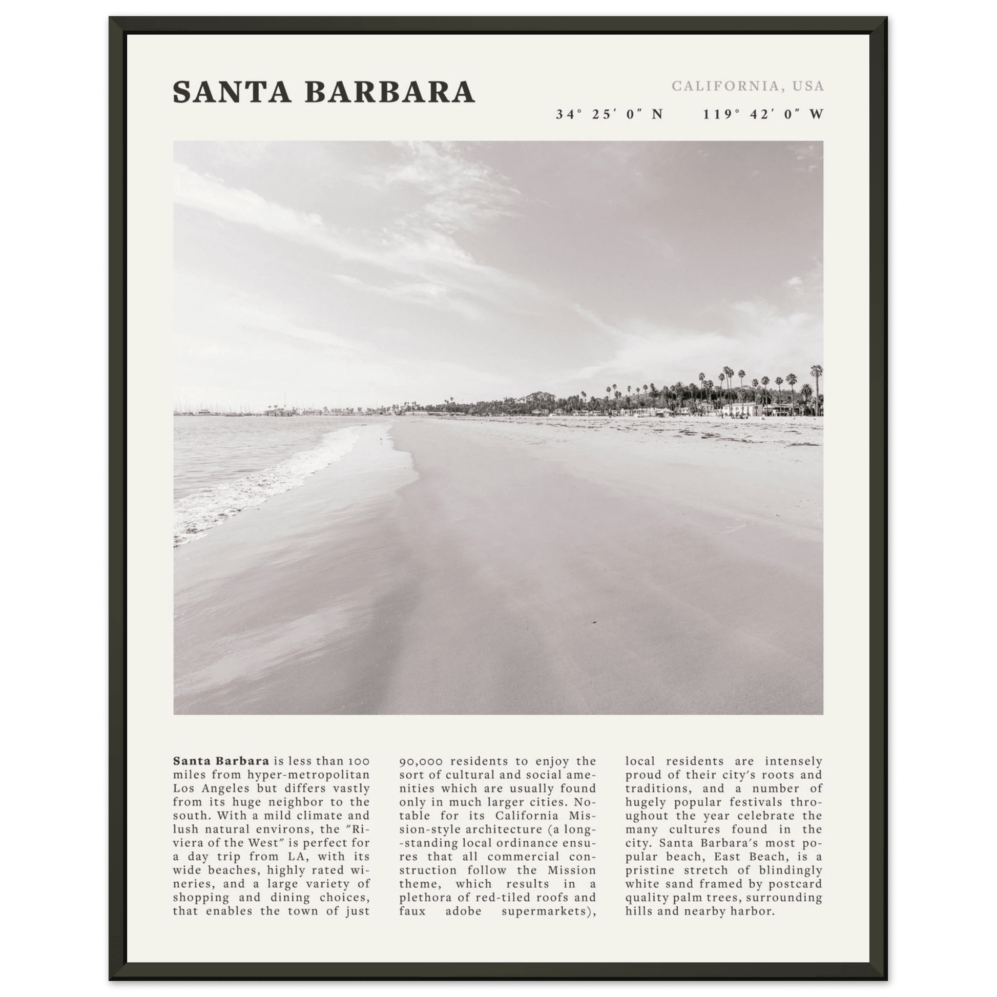 Santa Barbara Poster | Black & White California Beach Wall Art | CA Travel Print - Evergreen Posters