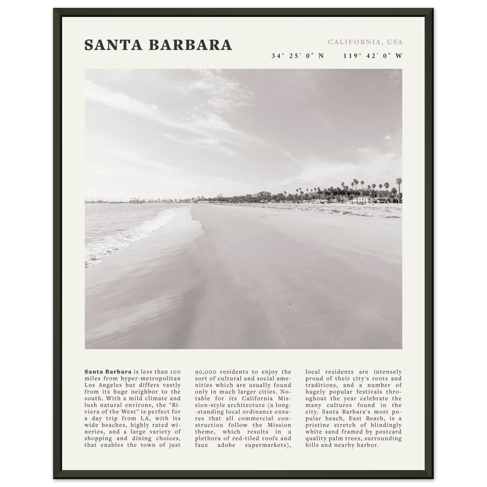 Santa Barbara Poster | Black & White California Beach Wall Art | CA Travel Print - Evergreen Posters