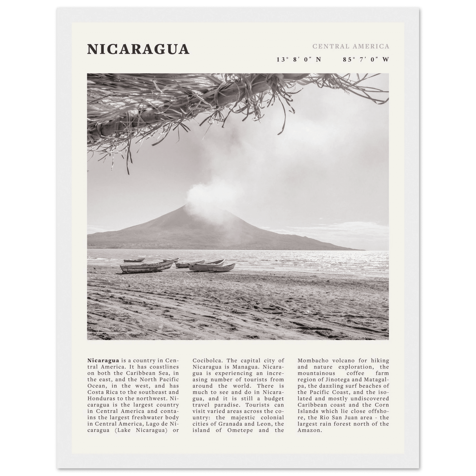 Nicaragua Poster | Black & White Volcano Wall Art | Central America Travel Print - Evergreen Posters