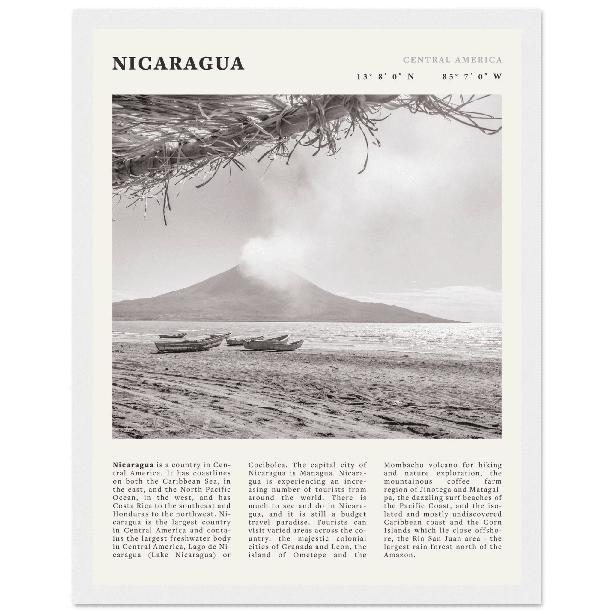 Nicaragua Poster | Black & White Volcano Wall Art | Central America Travel Print - Evergreen Posters