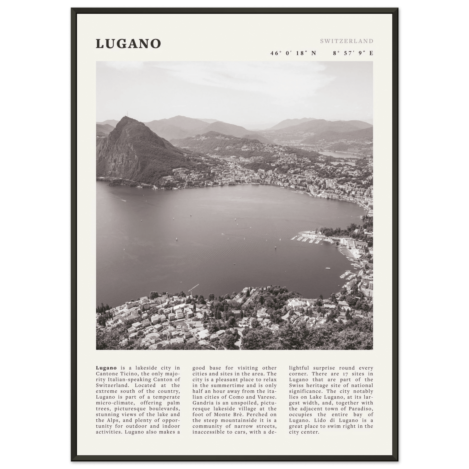 Lugano Poster | Black & White Swiss Lake Wall Art | Switzerland Travel Print - Evergreen Posters
