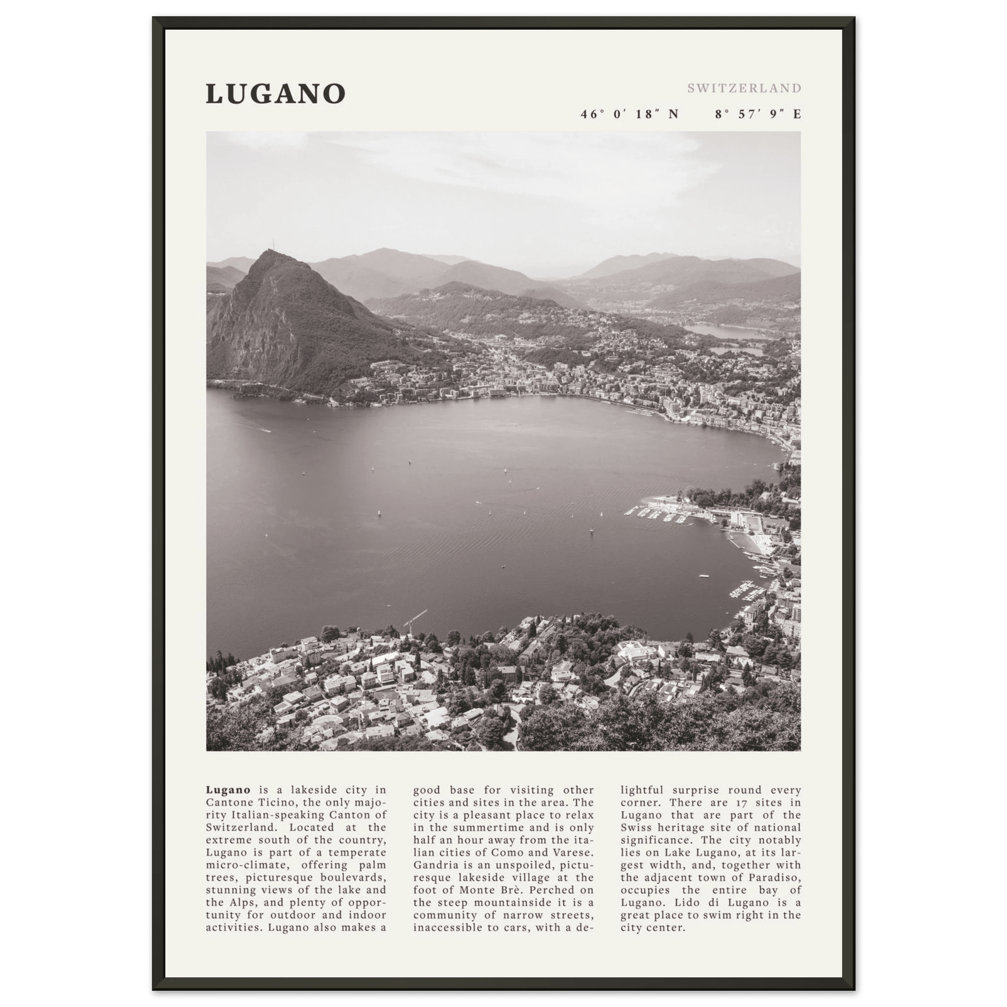 Lugano Poster | Black & White Swiss Lake Wall Art | Switzerland Travel Print - Evergreen Posters