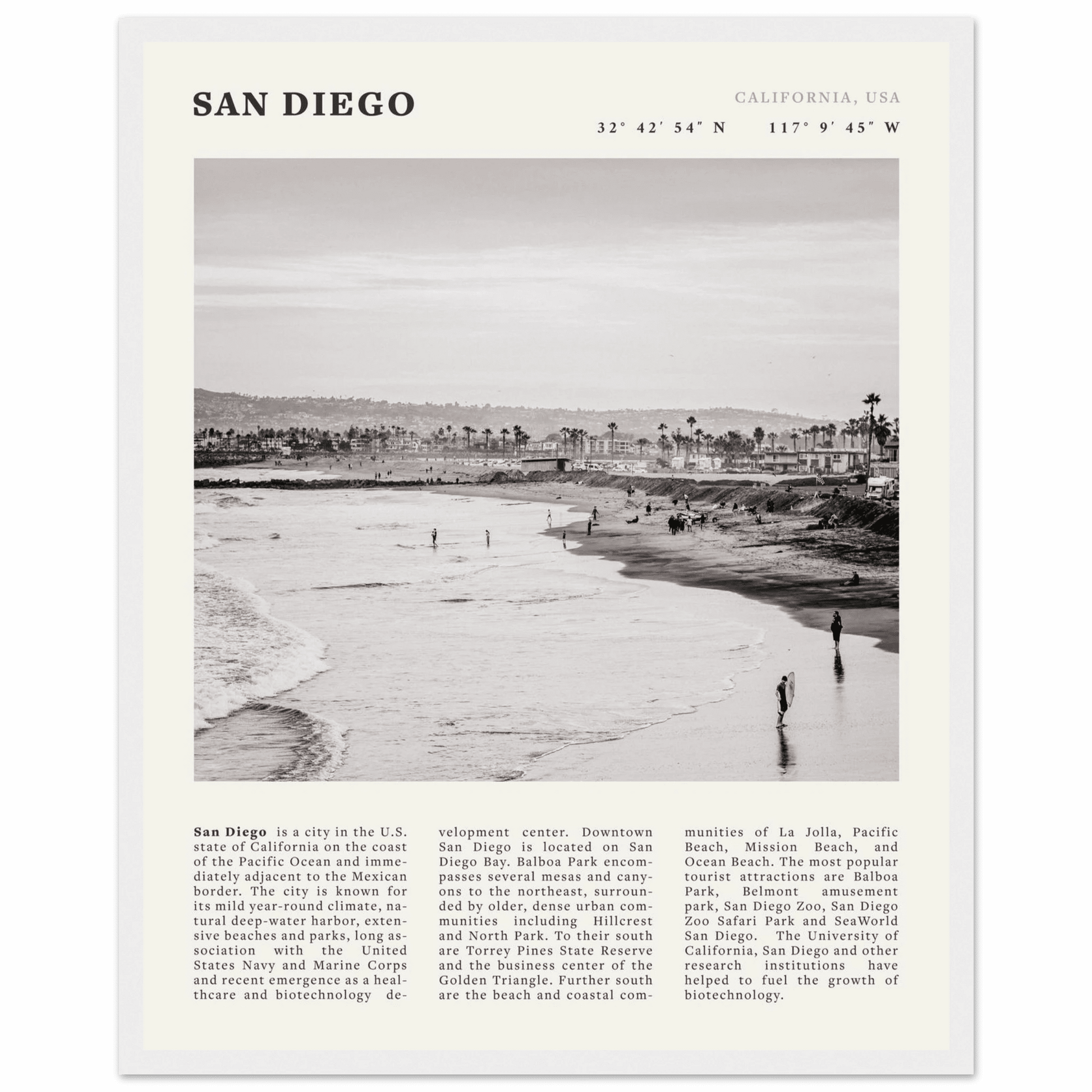 San Diego Poster | Black & White California Beach Wall Art | Coastal Travel Print Decor - Evergreen Posters