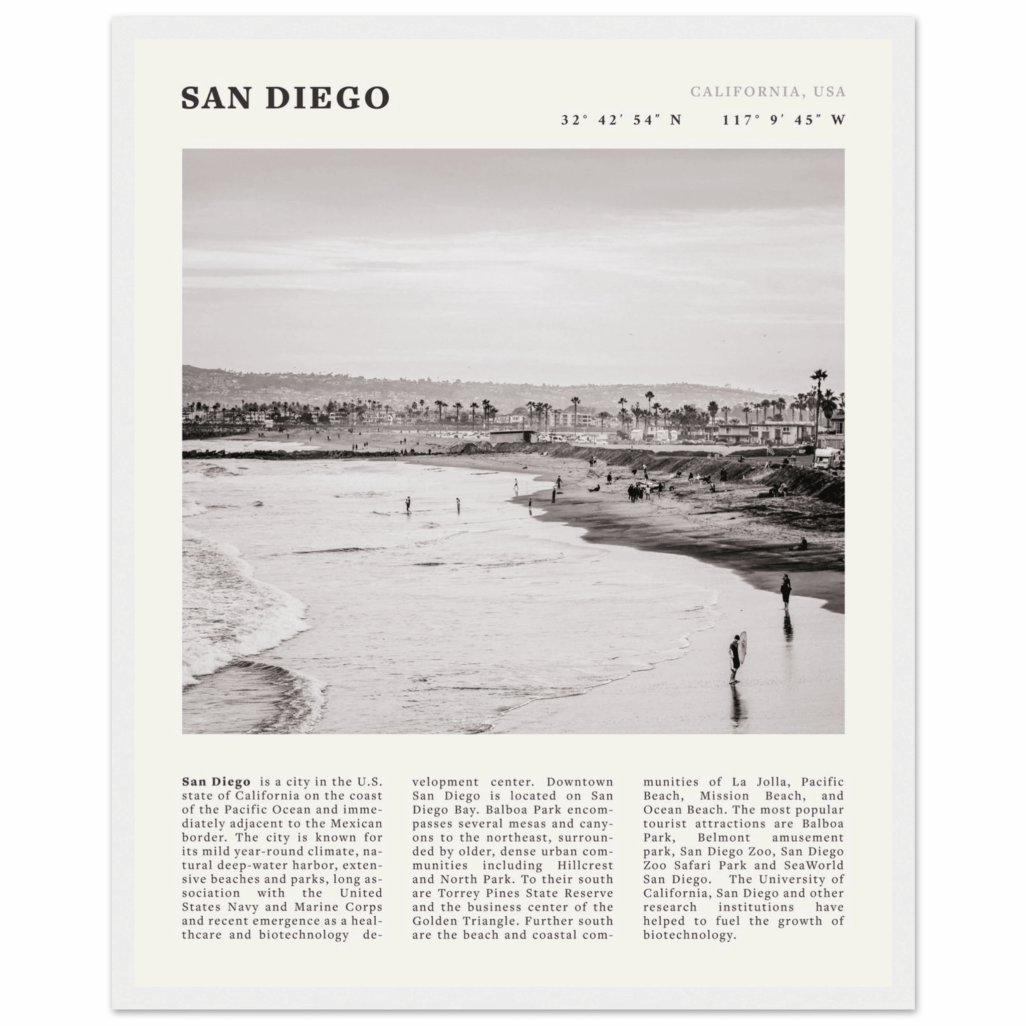 San Diego Poster | Black & White California Beach Wall Art | Coastal Travel Print Decor - Evergreen Posters