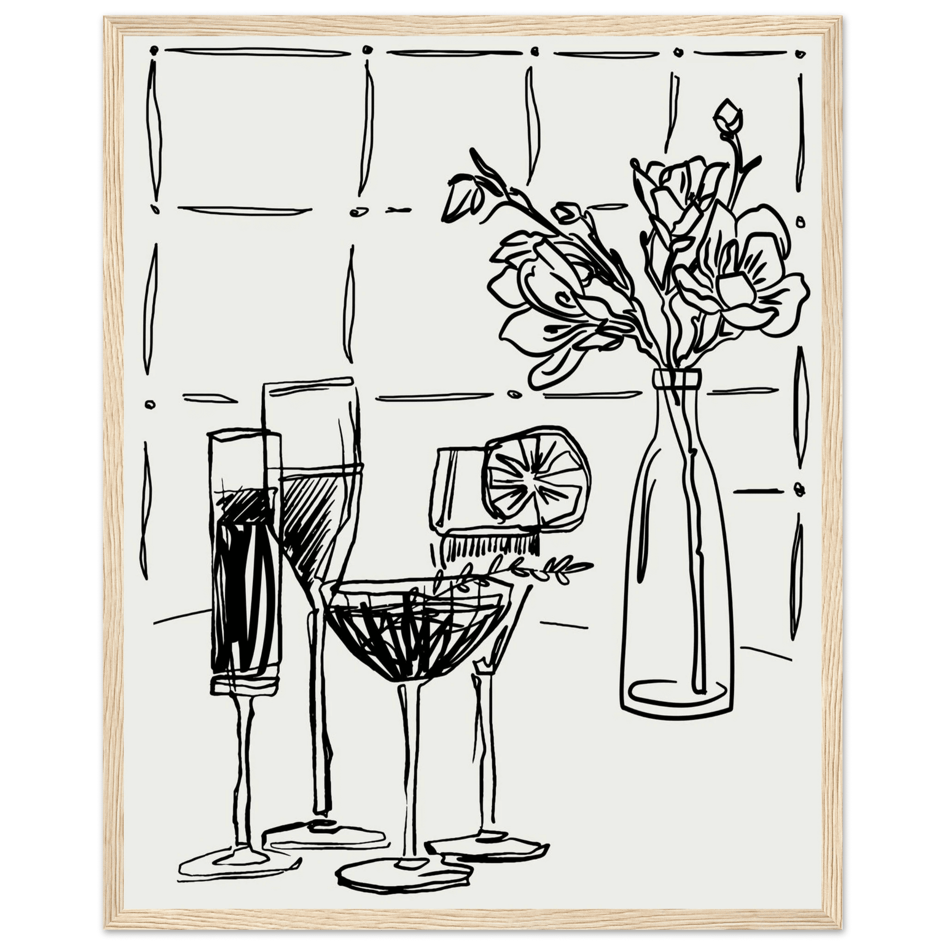 Cocktails & Flowers Print | Black Line Art Drinks Wall Art | Kitchen Bar Poster - Evergreen Posters
