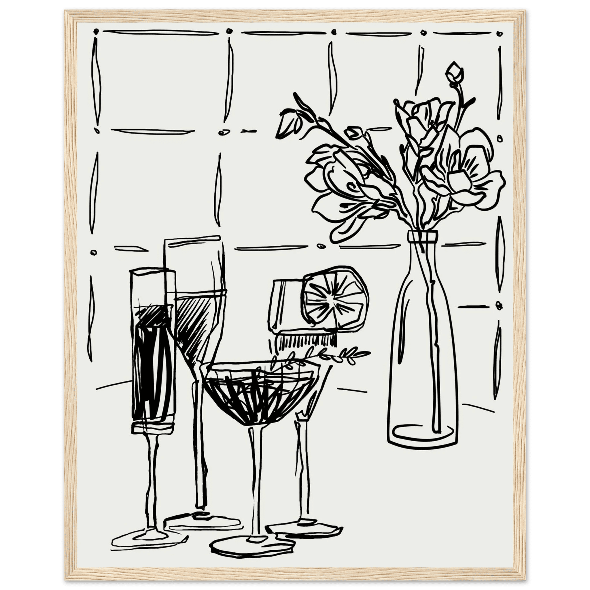Cocktails & Flowers Print | Black Line Art Drinks Wall Art | Kitchen Bar Poster - Evergreen Posters