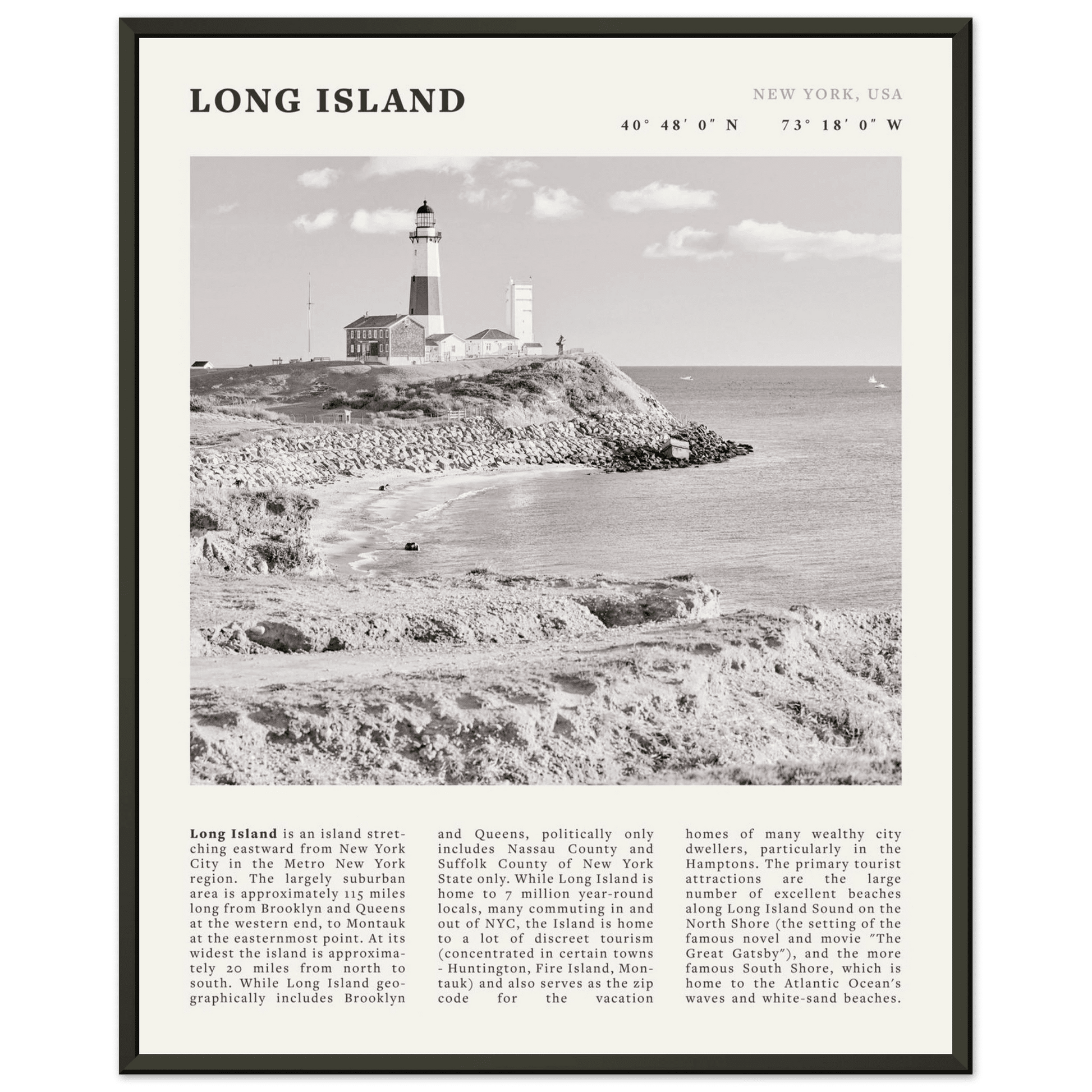 Long Island Poster | Black & White Montauk Lighthouse Wall Art | New York Print - Evergreen Posters