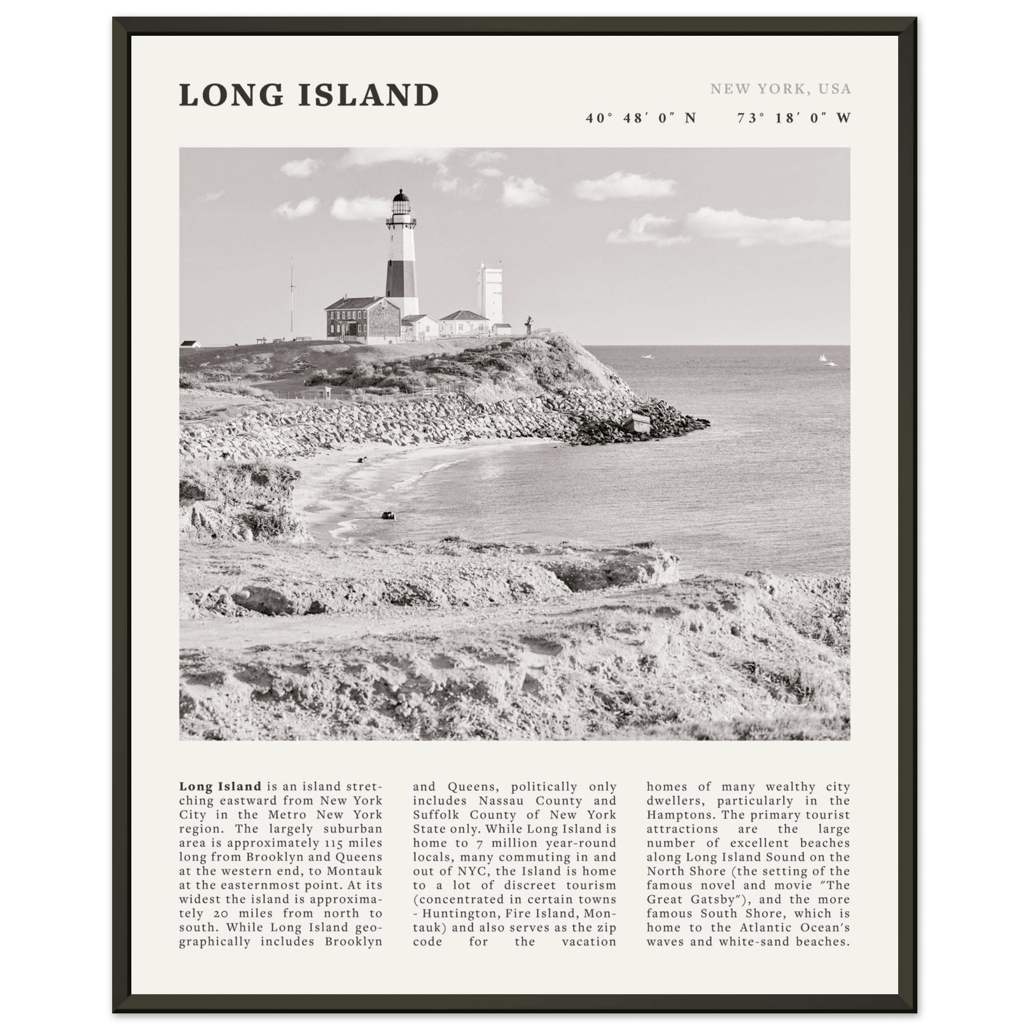 Long Island Poster | Black & White Montauk Lighthouse Wall Art | New York Print - Evergreen Posters