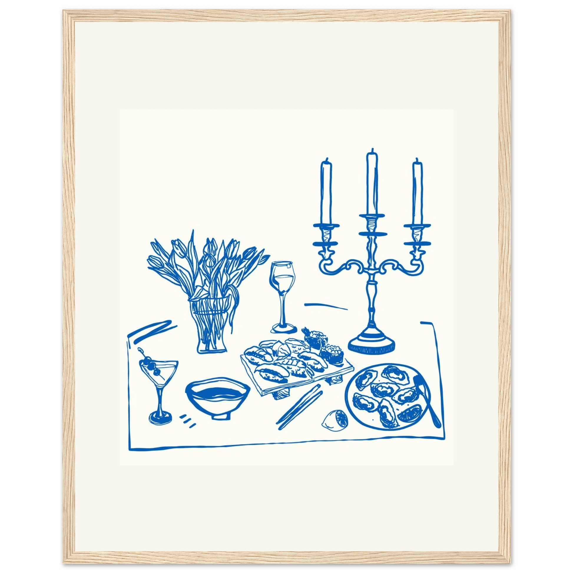 Fine Dining Table Print | Blue Line Art Kitchen Wall Art | Elegant Dining Room Poster - Evergreen Posters