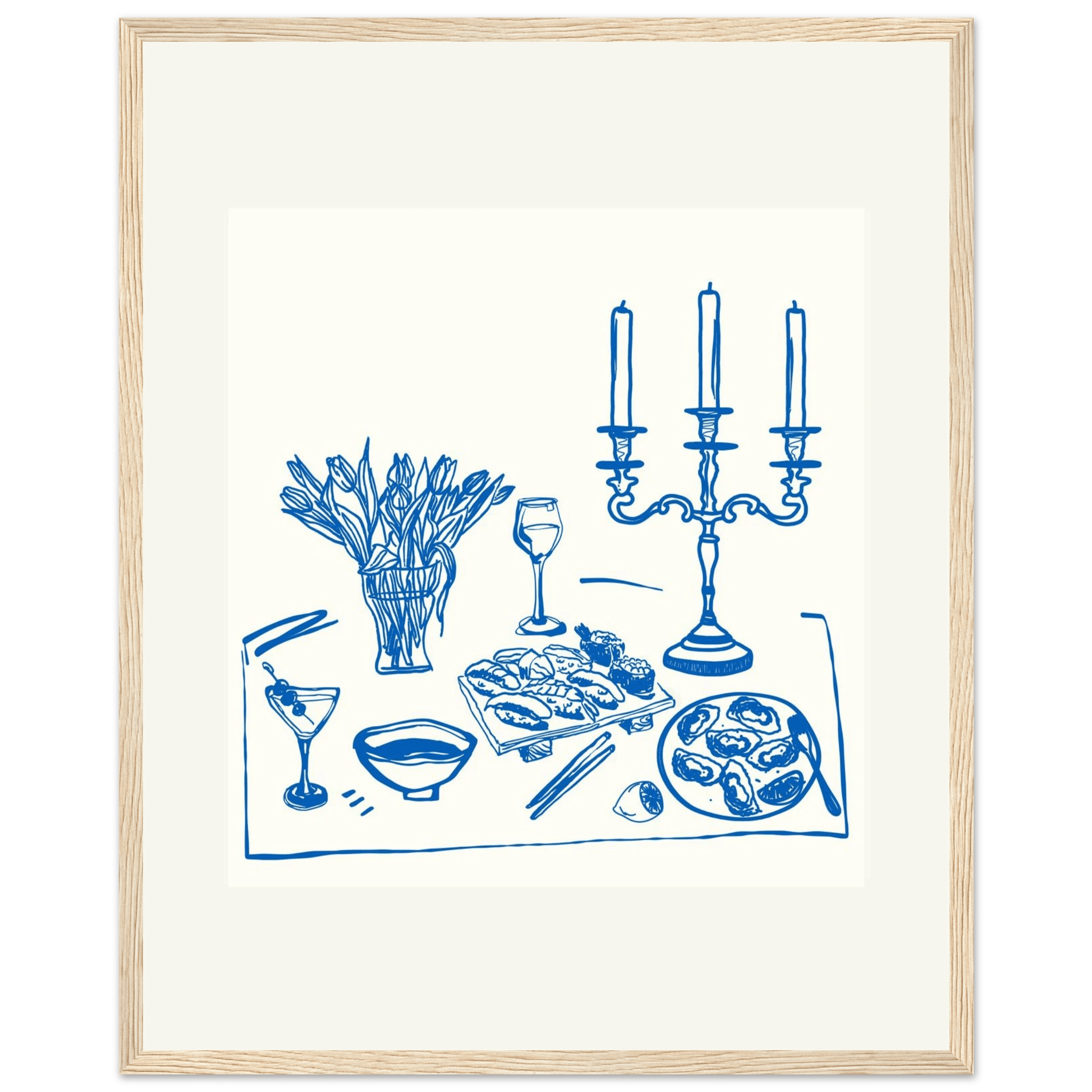 Fine Dining Table Print | Blue Line Art Kitchen Wall Art | Elegant Dining Room Poster - Evergreen Posters