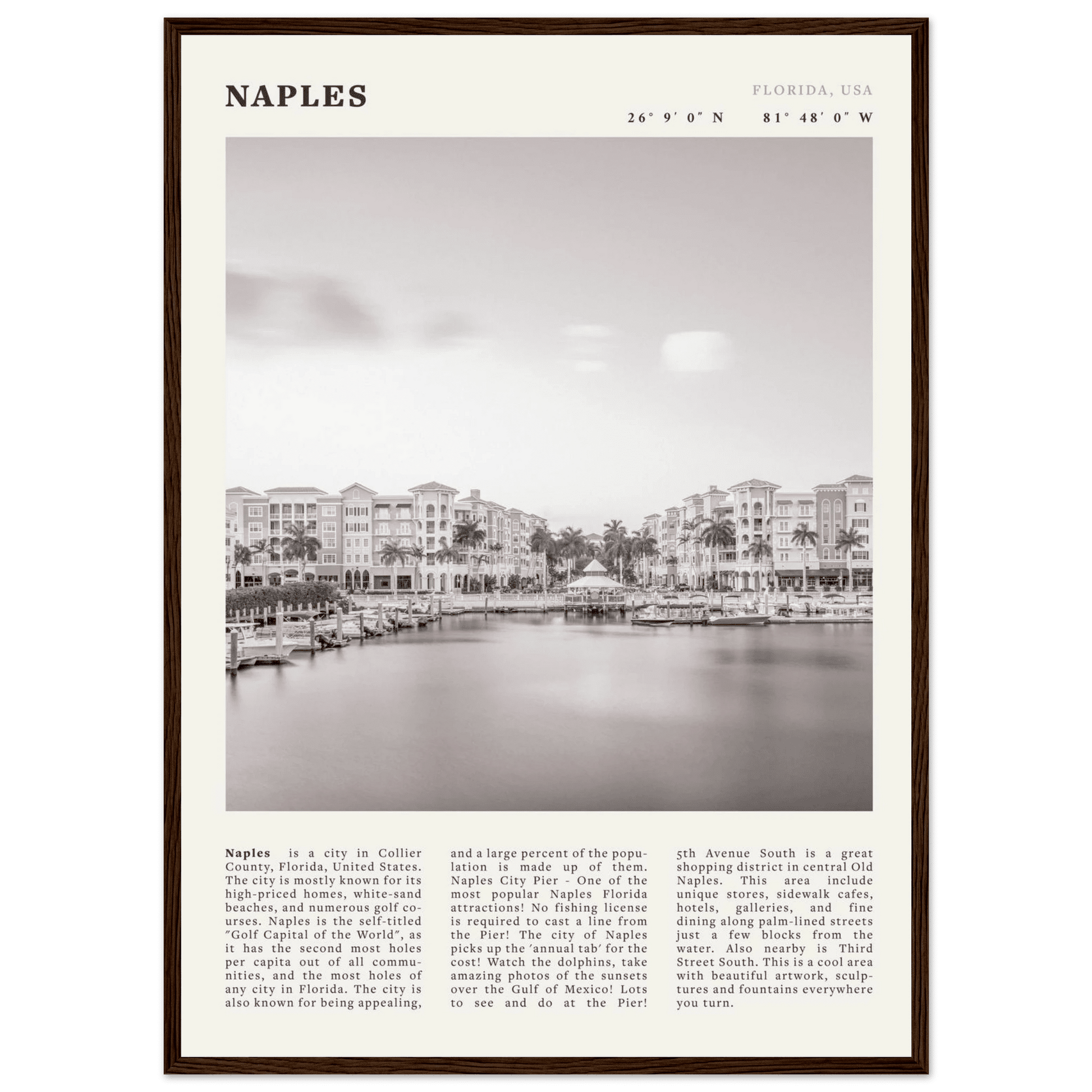 Naples Florida Poster | Black & White Gulf Coast Wall Art | FL Travel Print - Evergreen Posters