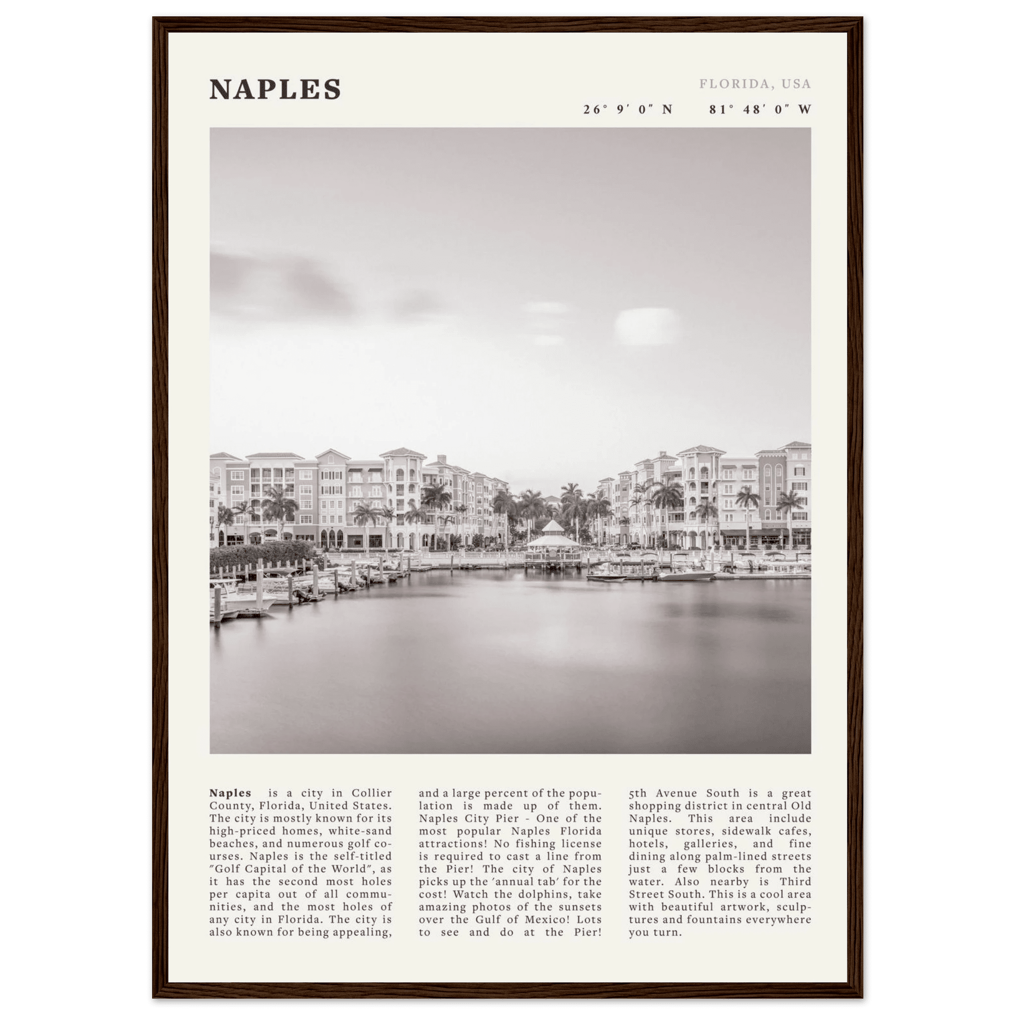 Naples Florida Poster | Black & White Gulf Coast Wall Art | FL Travel Print - Evergreen Posters