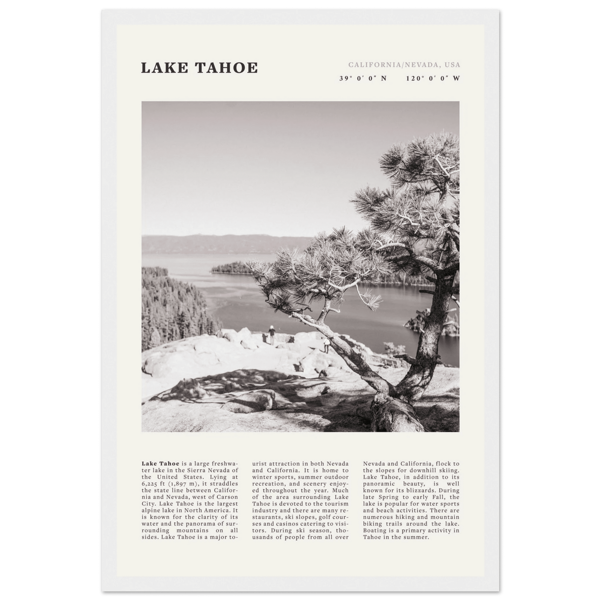 Lake Tahoe Poster | Black & White California Nevada Wall Art | Nature Travel Print Decor - Evergreen Posters