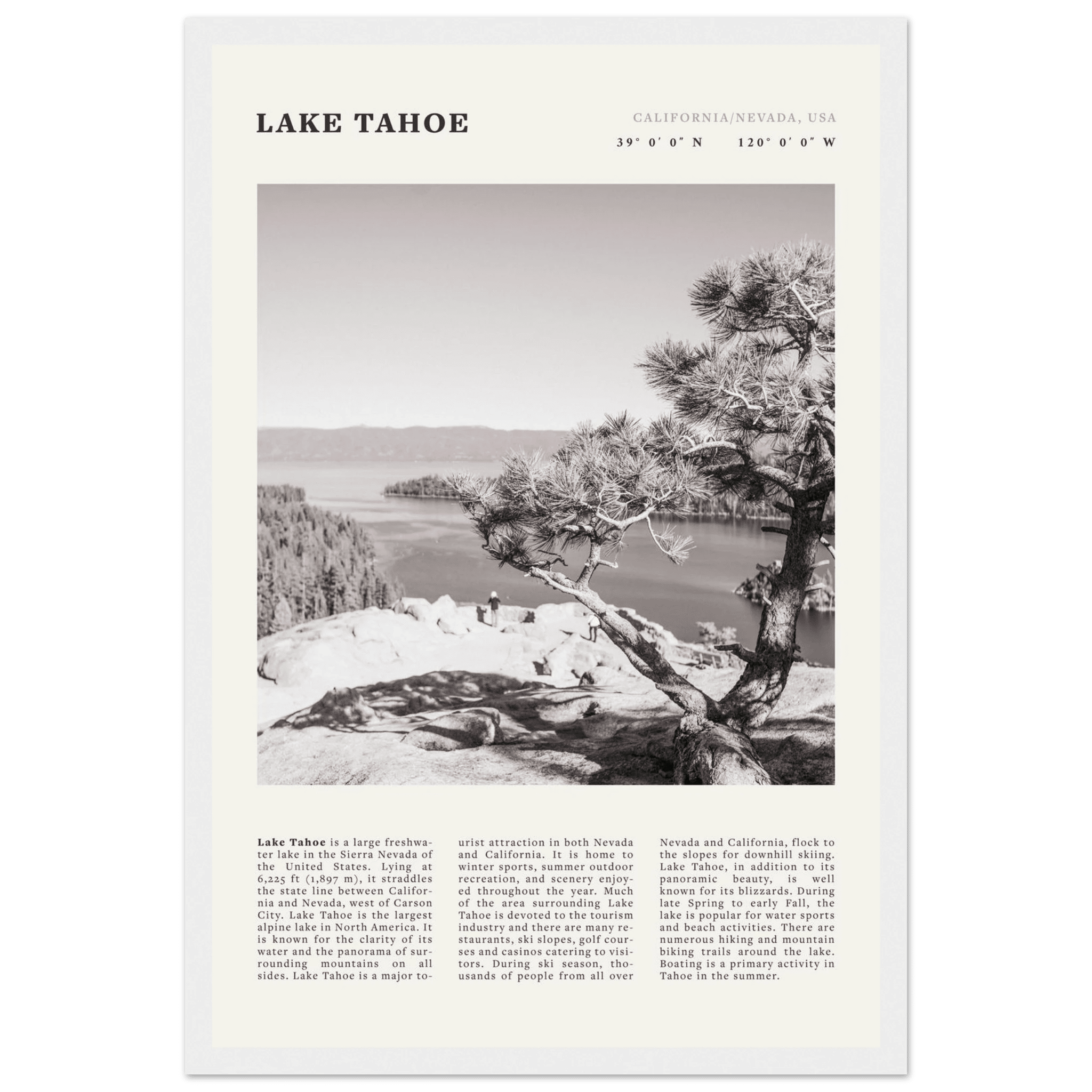 Lake Tahoe Poster | Black & White California Nevada Wall Art | Nature Travel Print Decor - Evergreen Posters