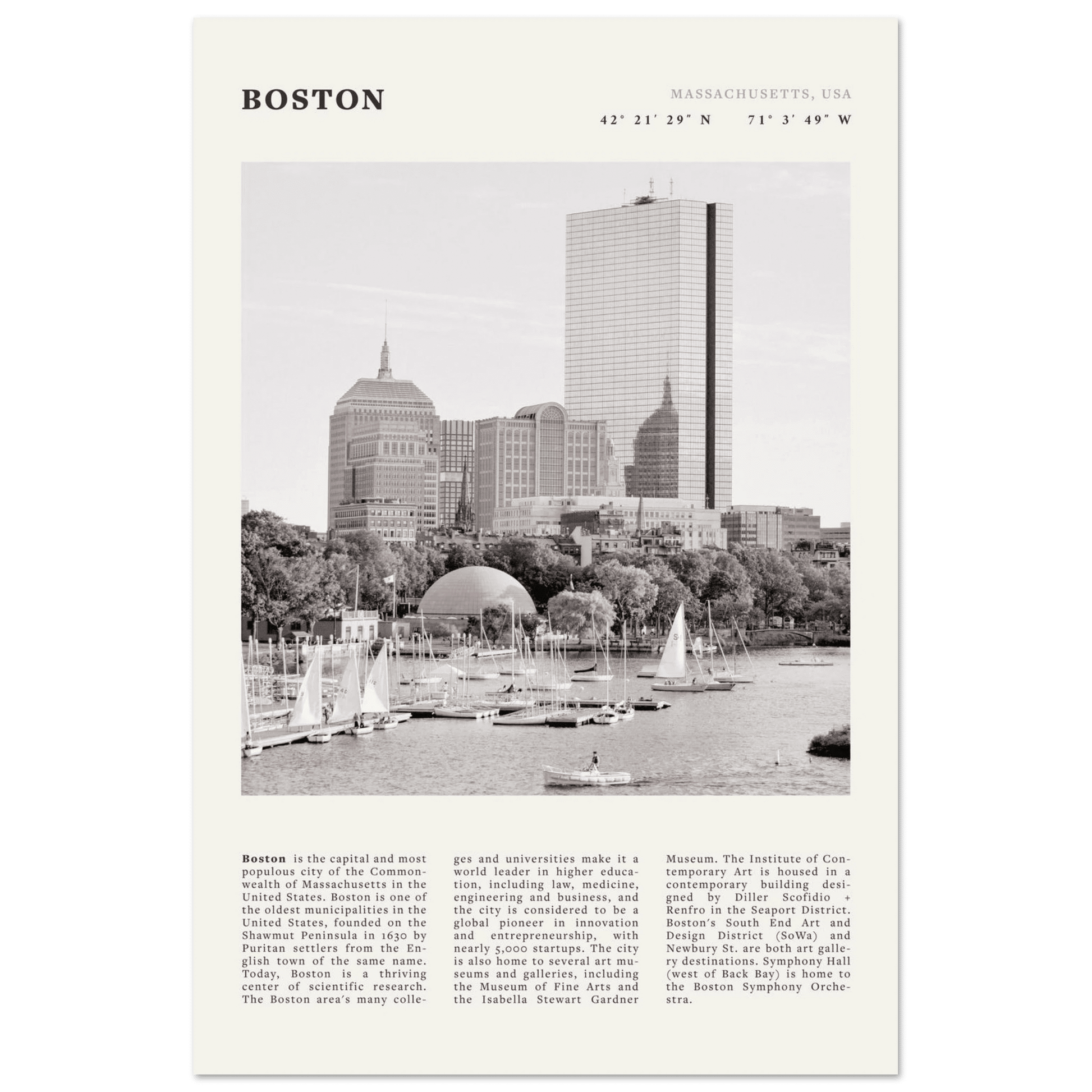 Boston Poster | Black & White Charles River Skyline Wall Art | Massachusetts Print - Evergreen Posters