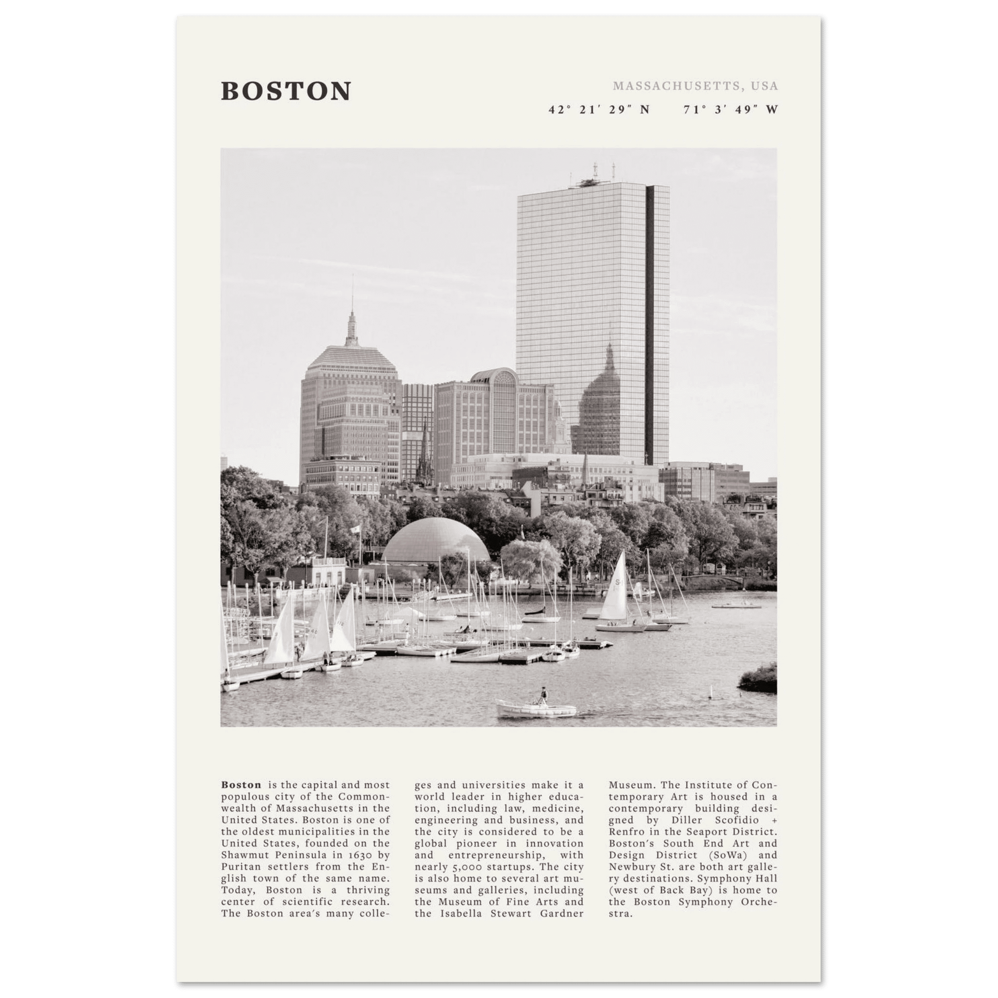 Boston Poster | Black & White Charles River Skyline Wall Art | Massachusetts Print - Evergreen Posters