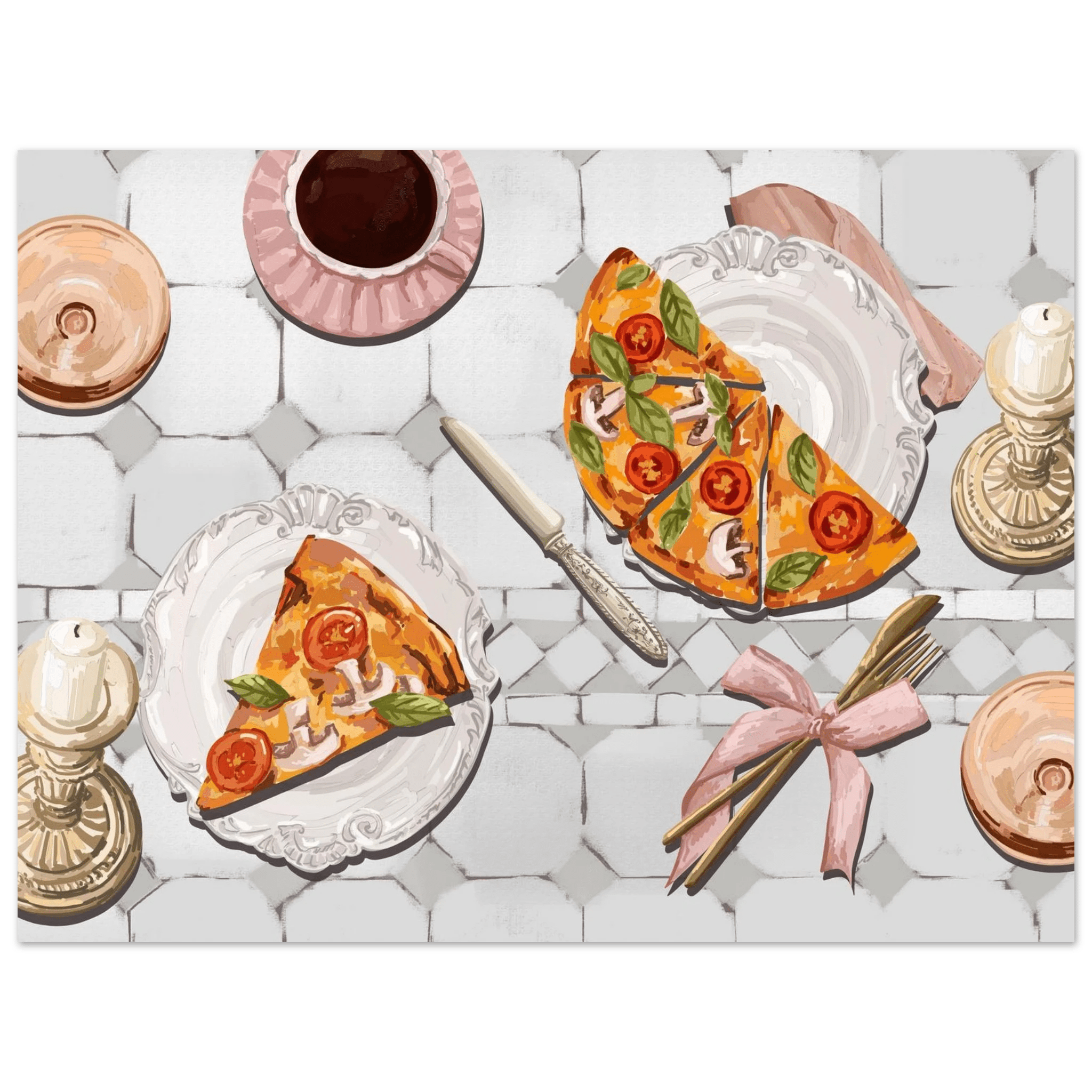 Pizza & Tea Kitchen Poster | Horizontal Food Wall Art | Italian Dining Room Print - Evergreen Posters