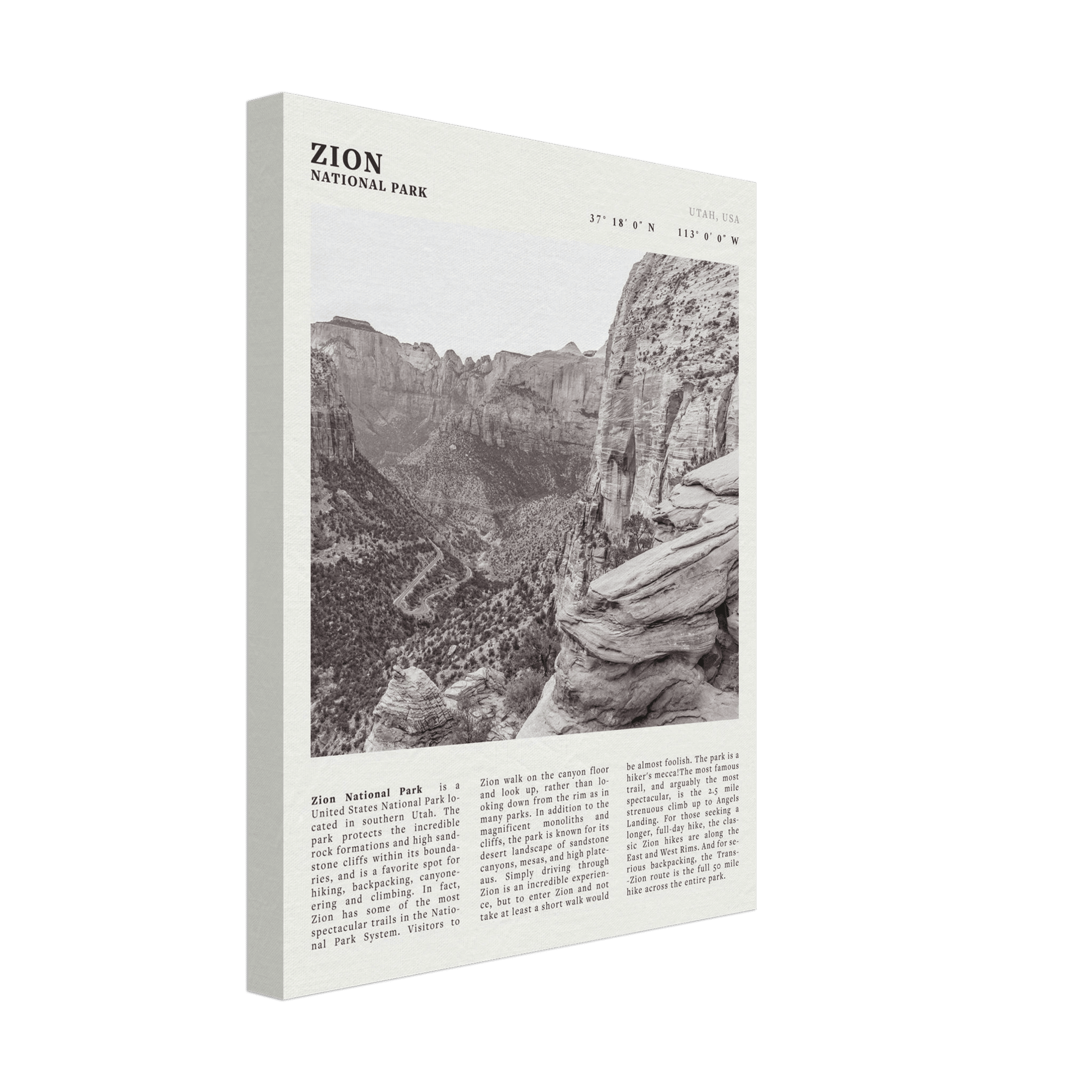 Zion National Park Poster | Black & White Utah Canyon Wall Art | USA Travel Print - Evergreen Posters