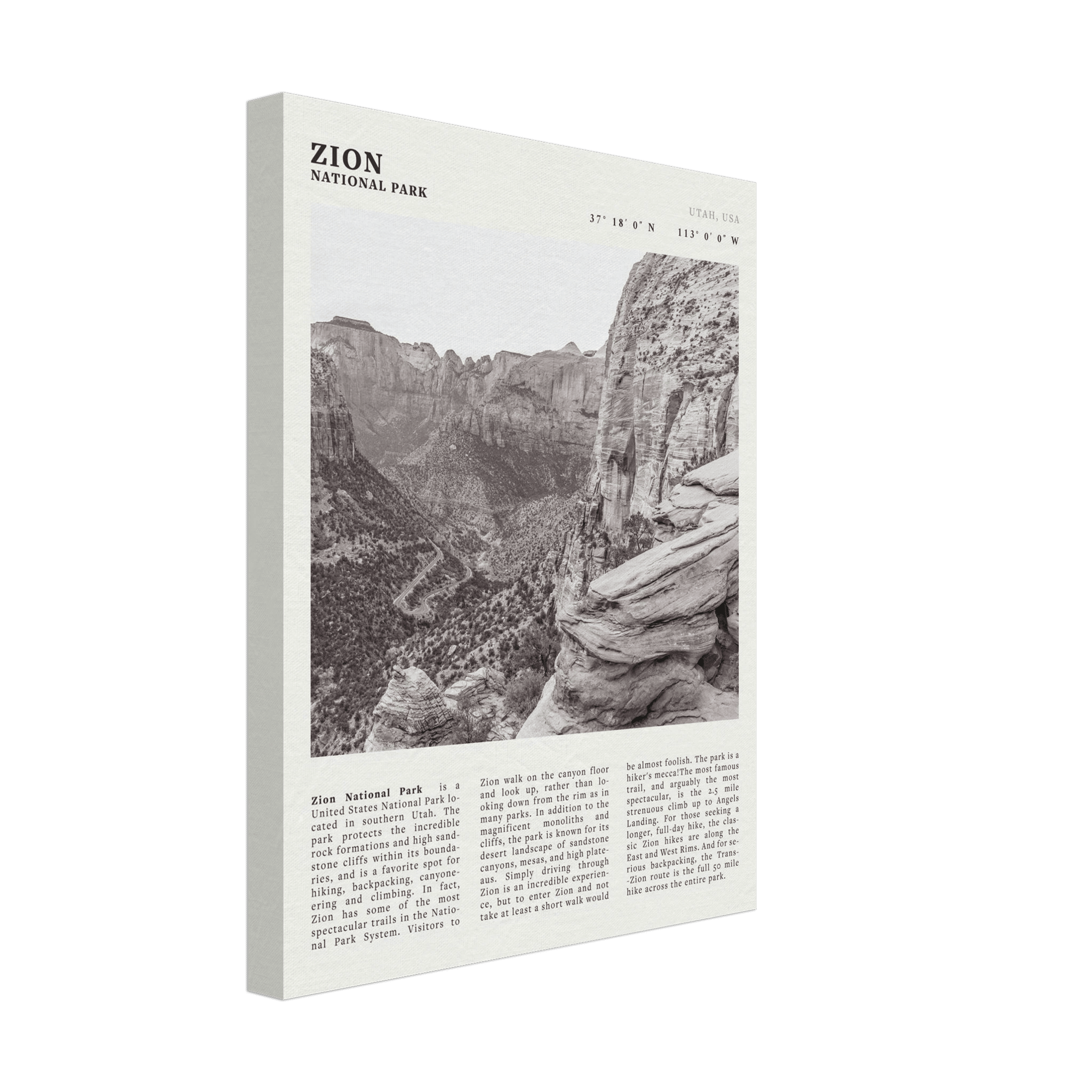 Zion National Park Poster | Black & White Utah Canyon Wall Art | USA Travel Print - Evergreen Posters