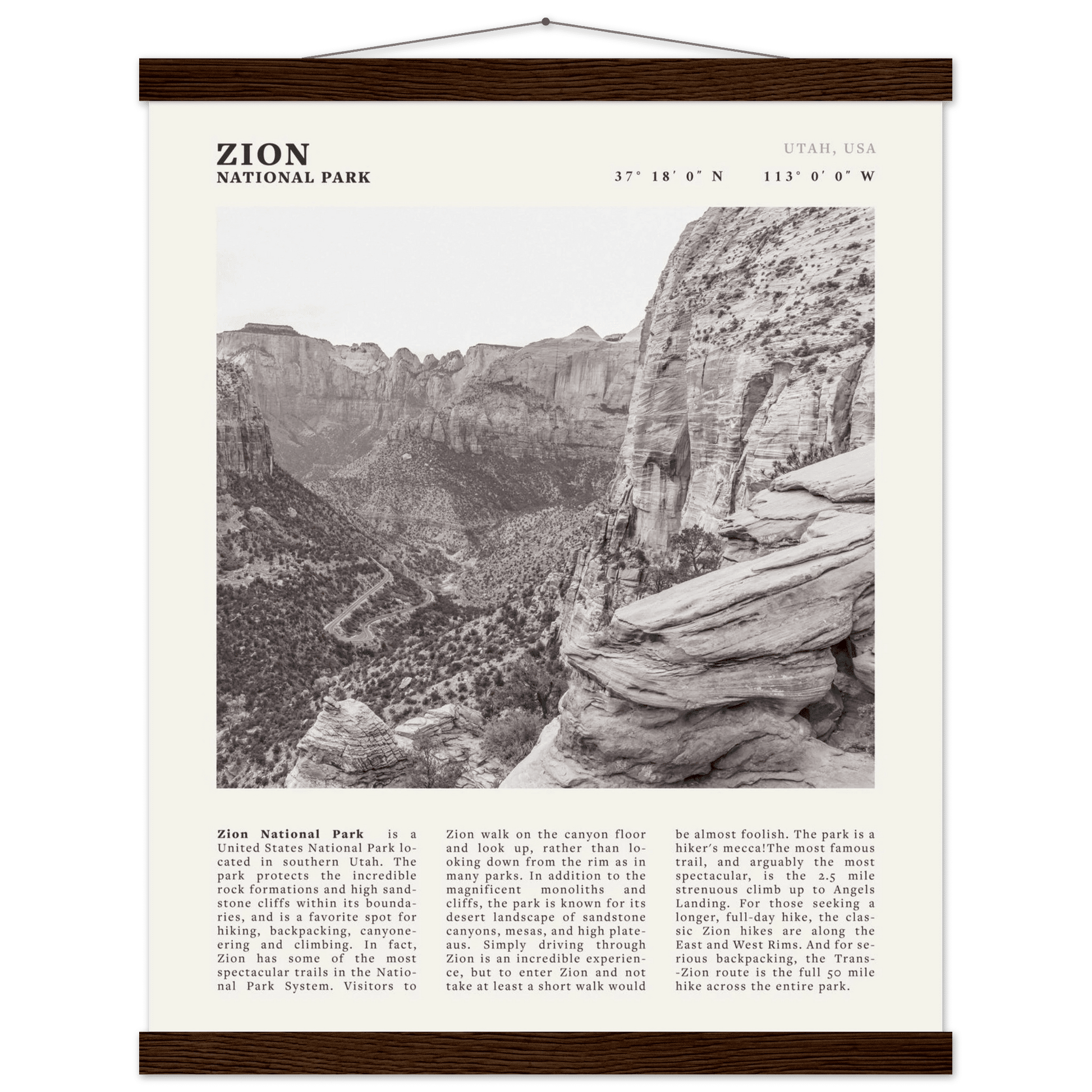 Zion National Park Poster | Black & White Utah Canyon Wall Art | USA Travel Print - Evergreen Posters