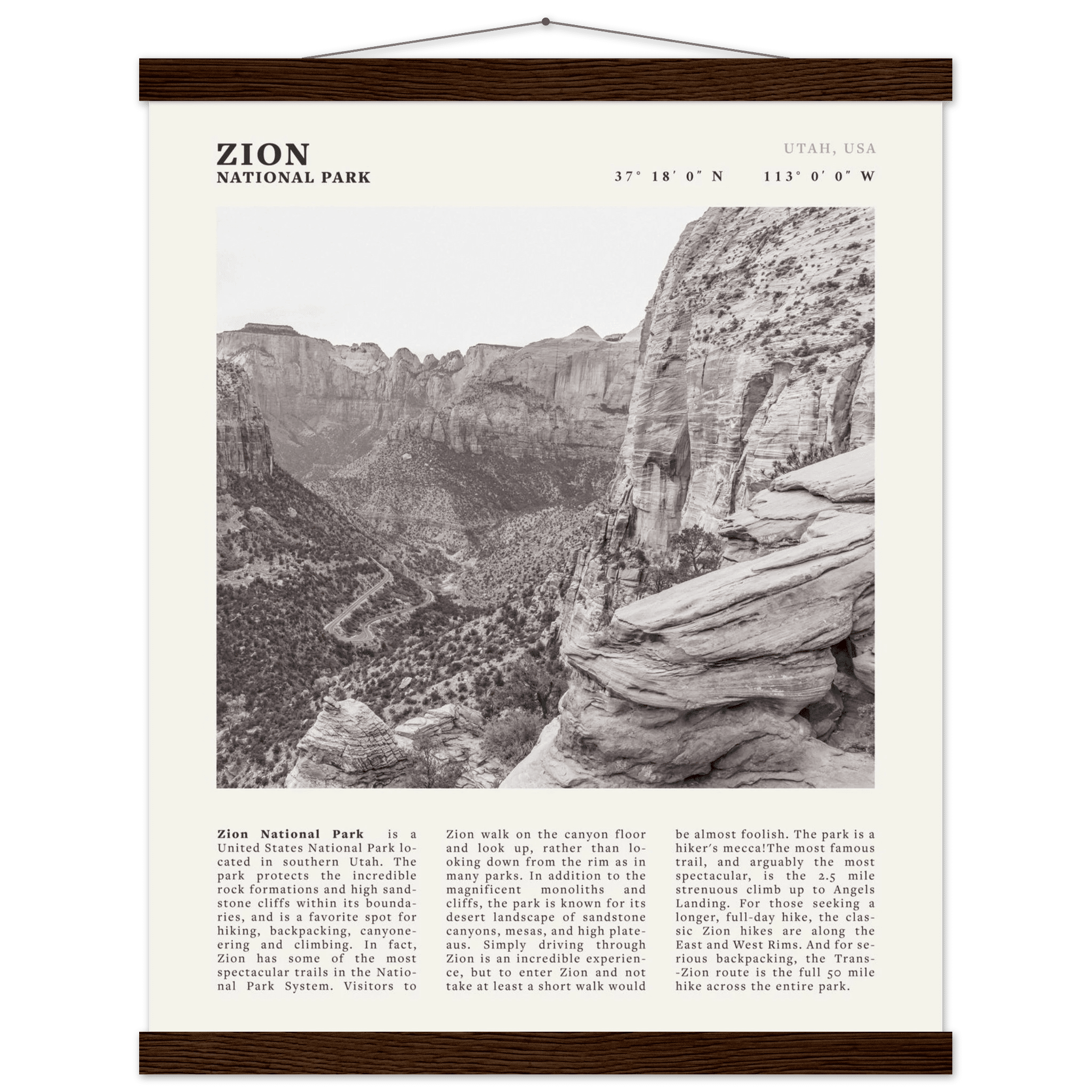 Zion National Park Poster | Black & White Utah Canyon Wall Art | USA Travel Print - Evergreen Posters