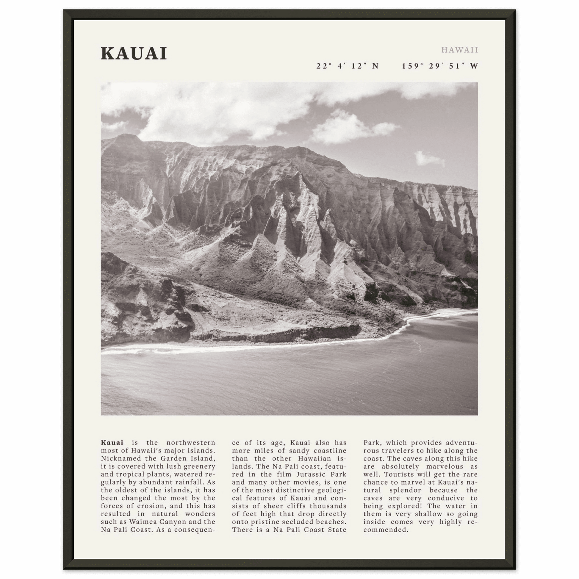 Kauai Poster | Black & White Na Pali Coast Wall Art | Hawaii Travel Print Decor - Evergreen Posters