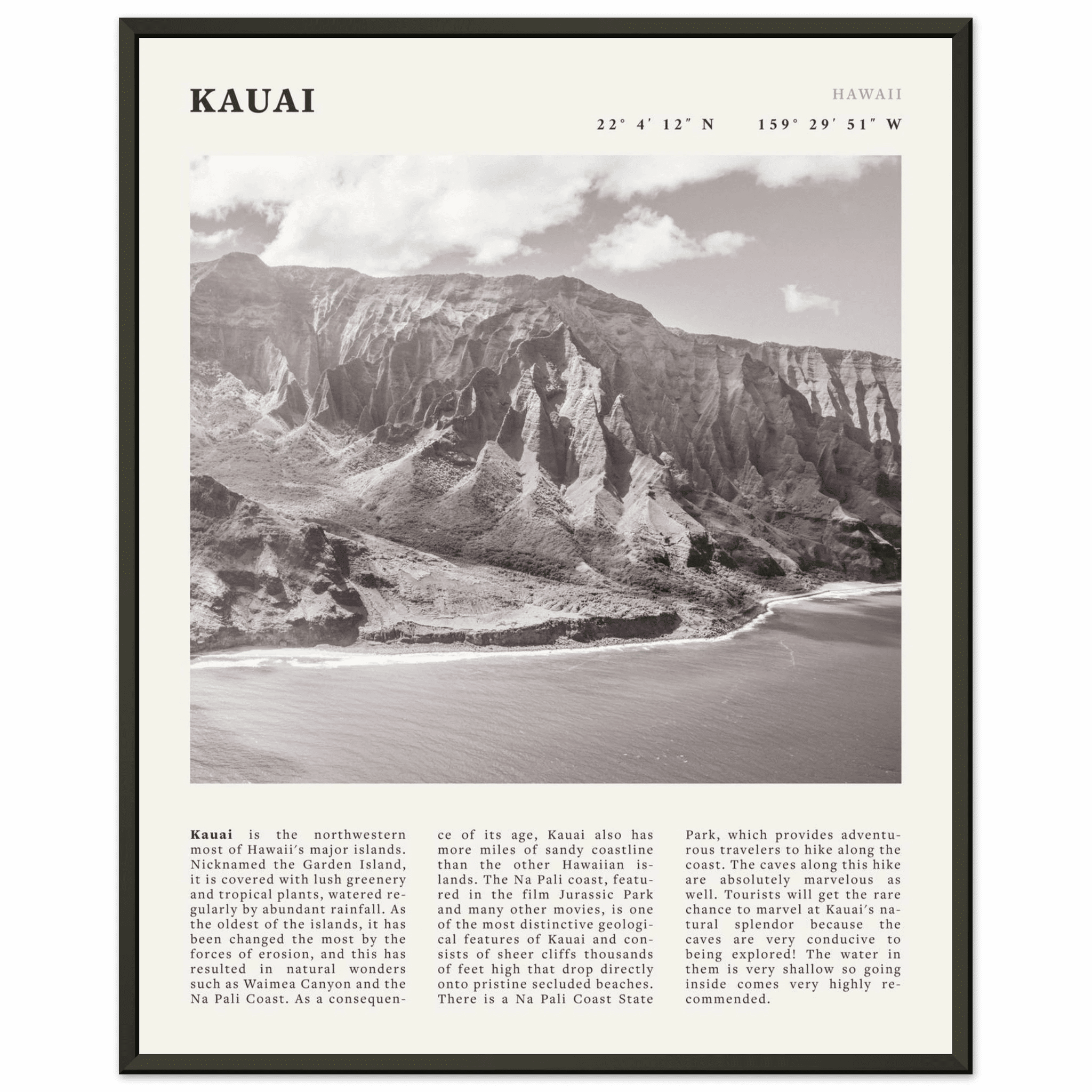 Kauai Poster | Black & White Na Pali Coast Wall Art | Hawaii Travel Print Decor - Evergreen Posters