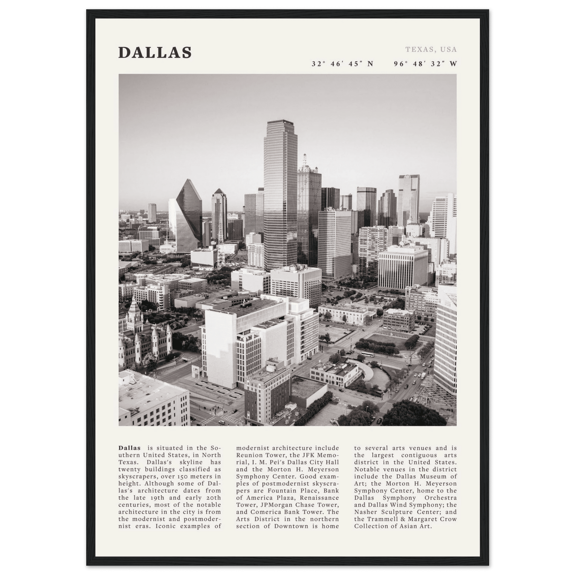 Dallas Poster | Black & White Texas Skyline Wall Art | City Travel Print Decor - Evergreen Posters