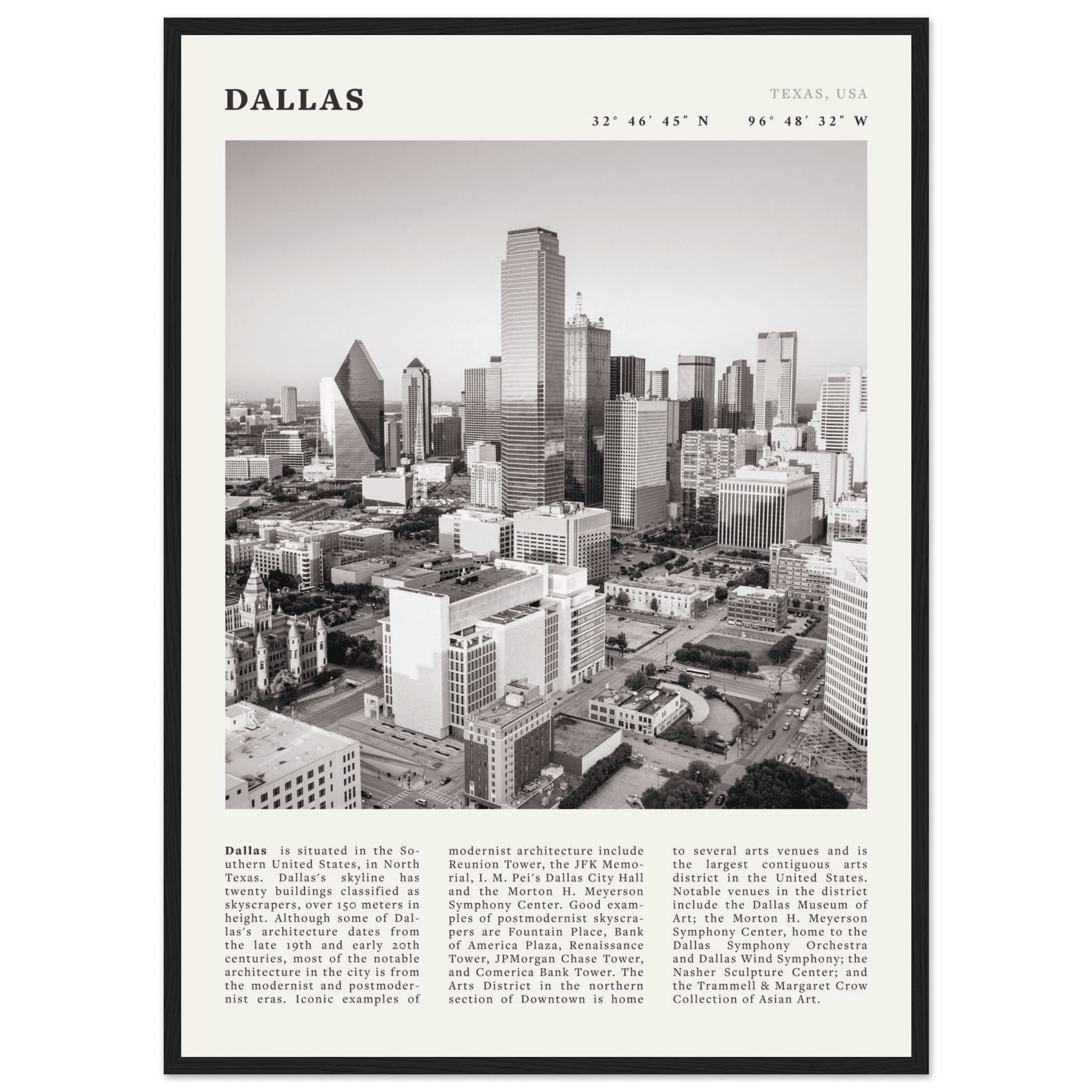 Dallas Poster | Black & White Texas Skyline Wall Art | City Travel Print Decor - Evergreen Posters