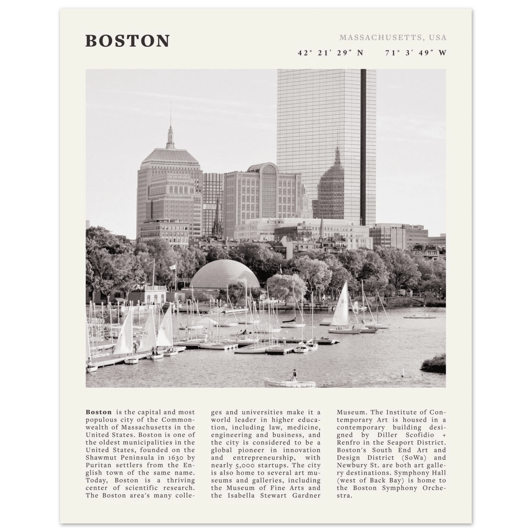 Boston Poster | Black & White Charles River Skyline Wall Art | Massachusetts Print - Evergreen Posters