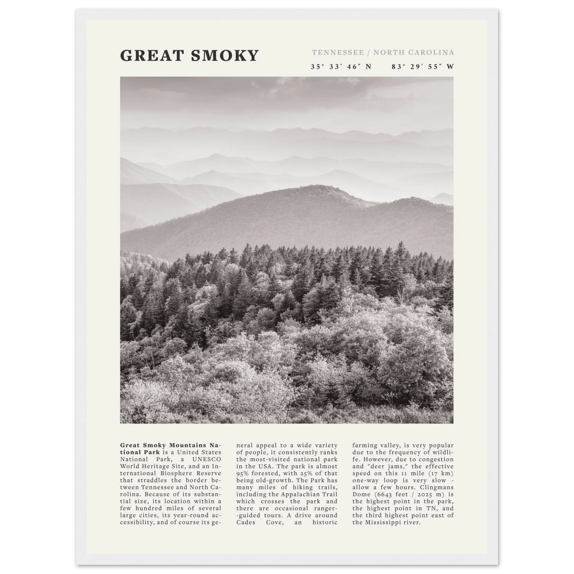 Great Smoky Mountains Poster | Black & White National Park Wall Art | Tennessee Print - Evergreen Posters