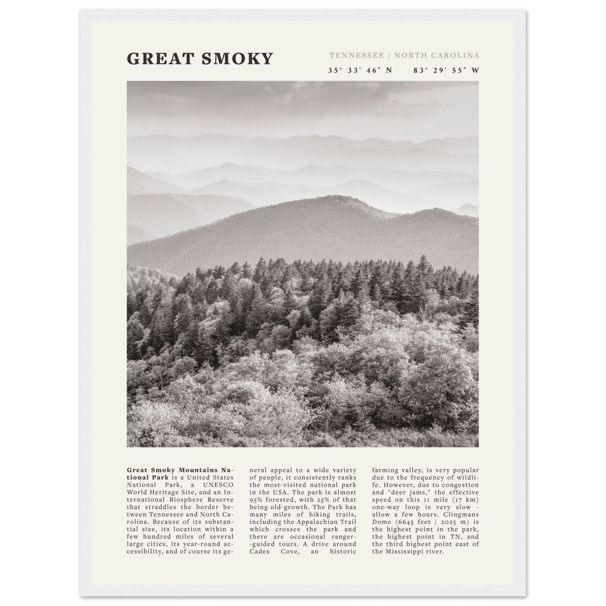 Great Smoky Mountains Poster | Black & White National Park Wall Art | Tennessee Print - Evergreen Posters