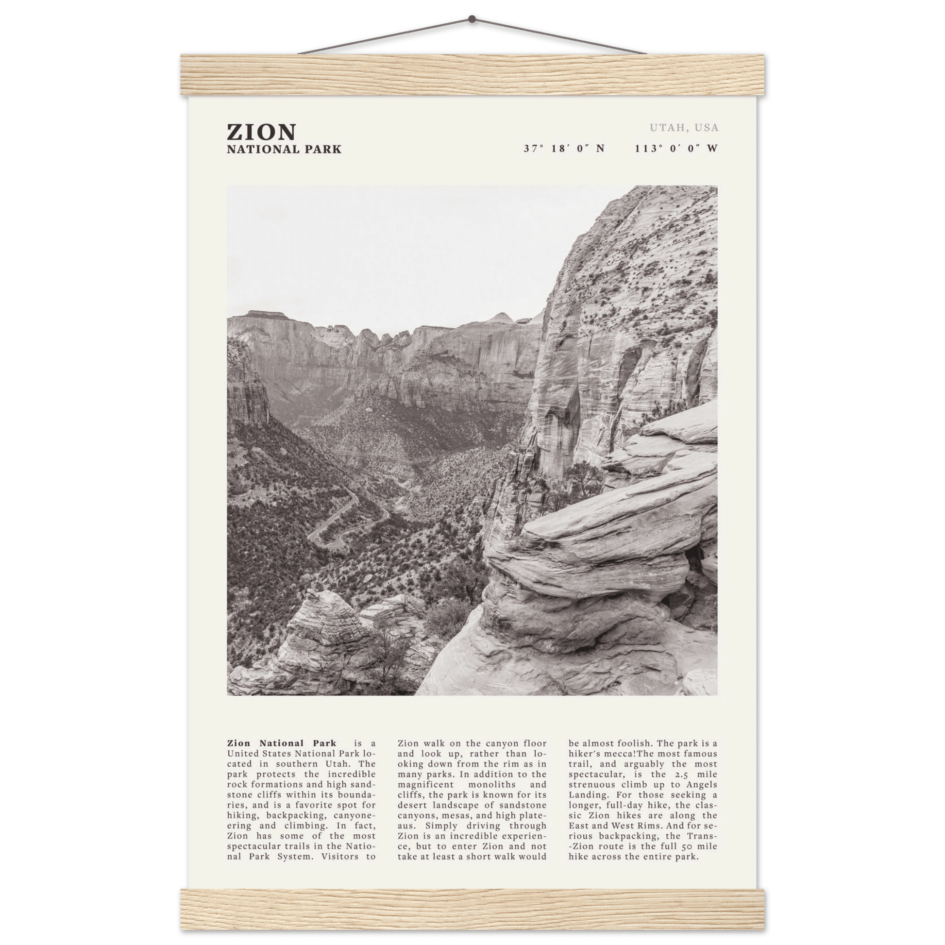 Zion National Park Poster | Black & White Utah Canyon Wall Art | USA Travel Print - Evergreen Posters