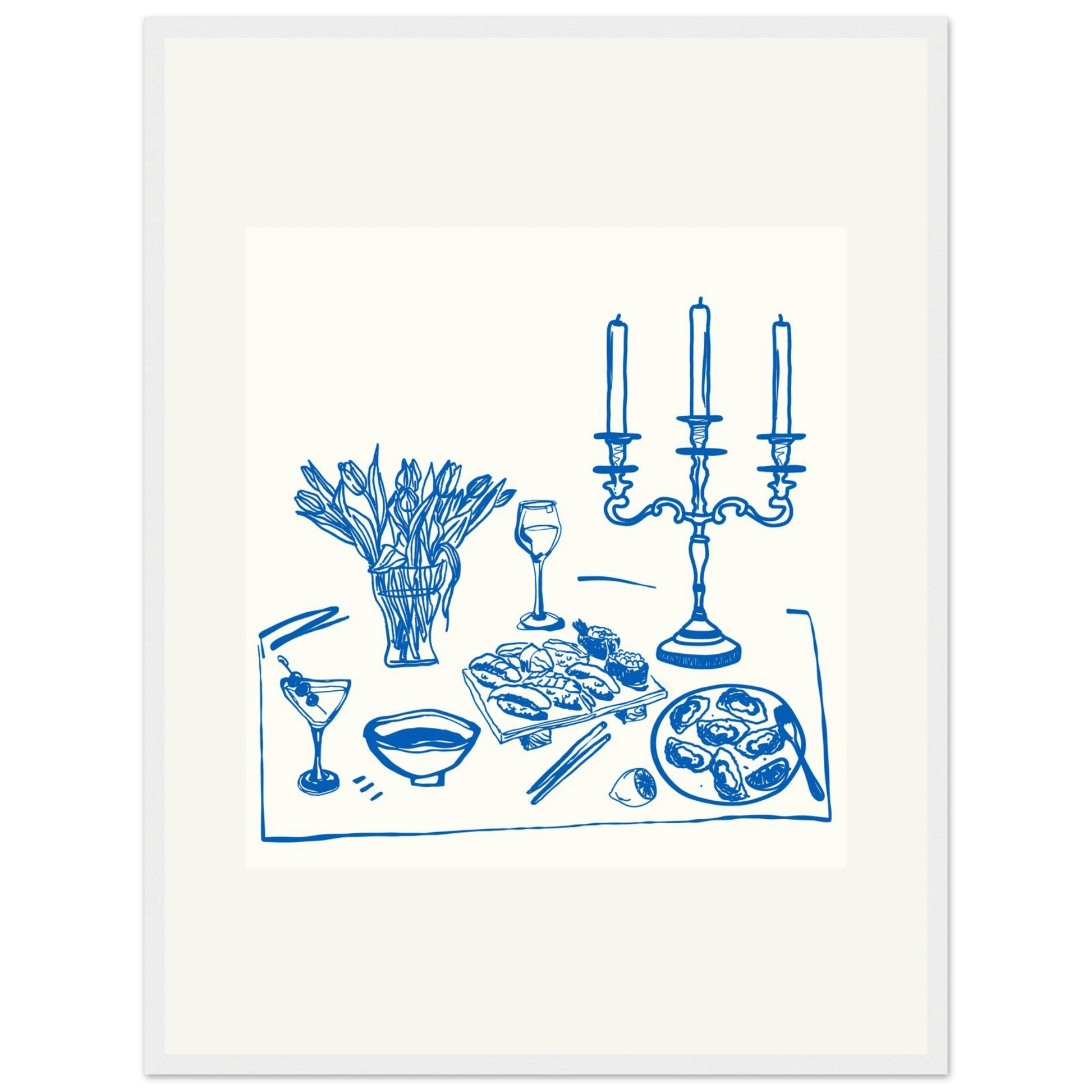Fine Dining Table Print | Blue Line Art Kitchen Wall Art | Elegant Dining Room Poster - Evergreen Posters
