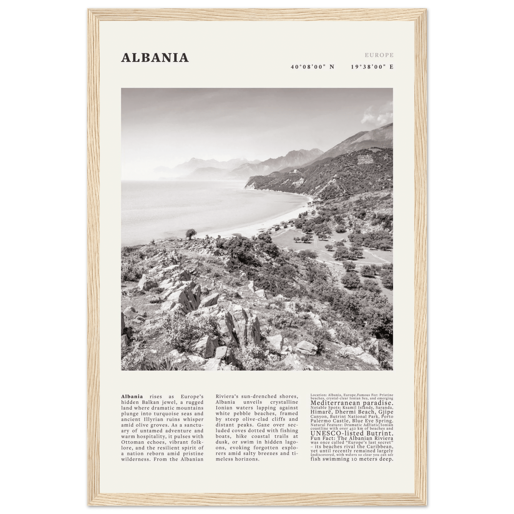Albania Poster Black and White – Vintage Albanian Riviera Travel Print (Digital & Printed Options) - Evergreen Posters