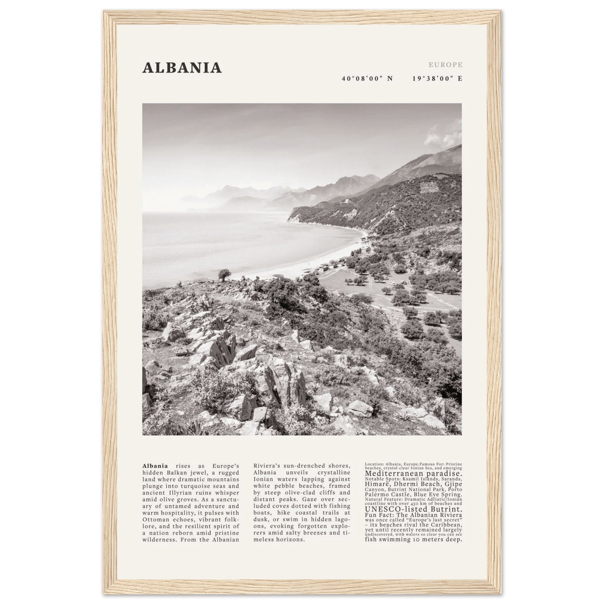 Albania Poster Black and White – Vintage Albanian Riviera Travel Print (Digital & Printed Options) - Evergreen Posters