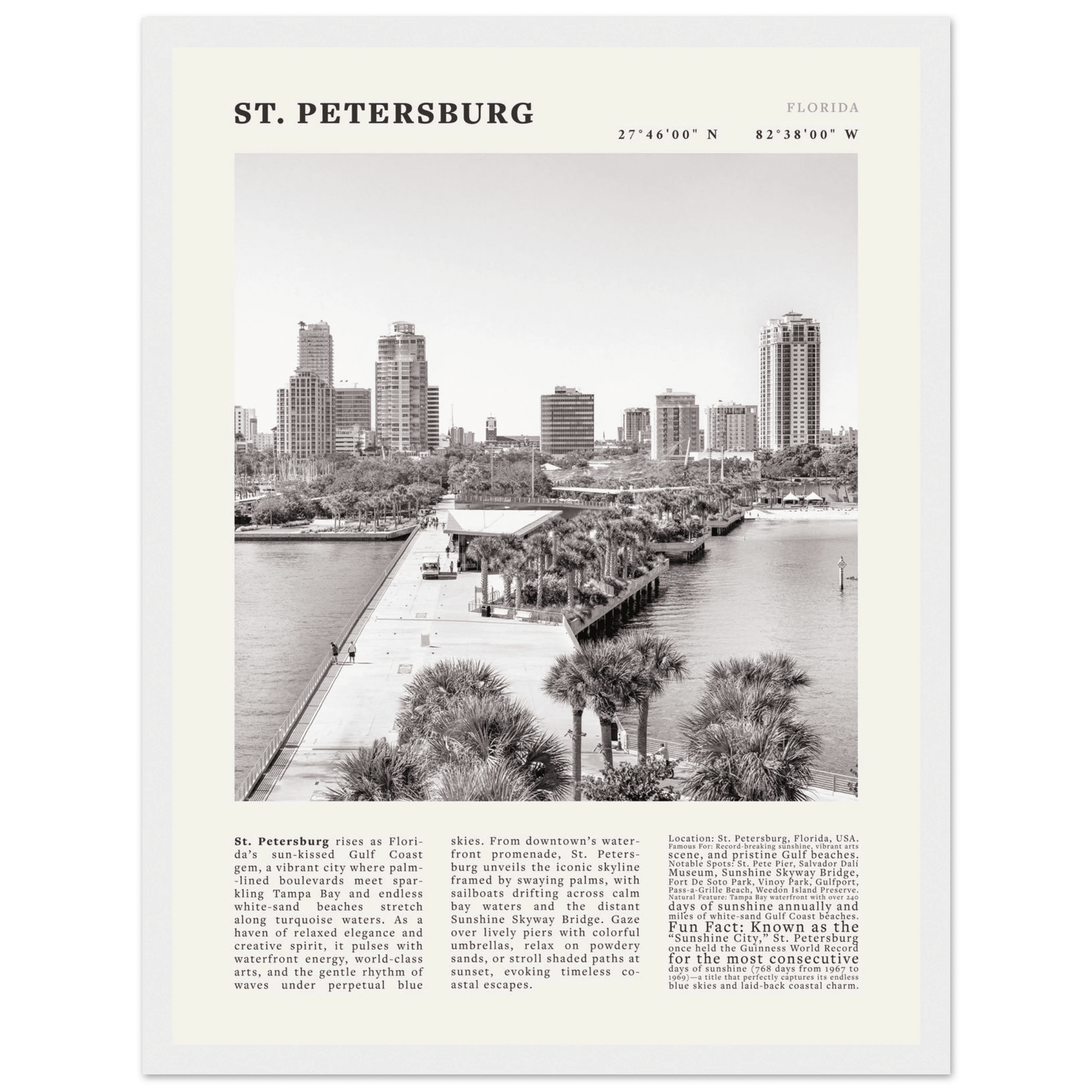 St. Petersburg Florida Poster Black and White – Vintage St Pete Skyline Print (Digital & Printed Options) - Evergreen Posters