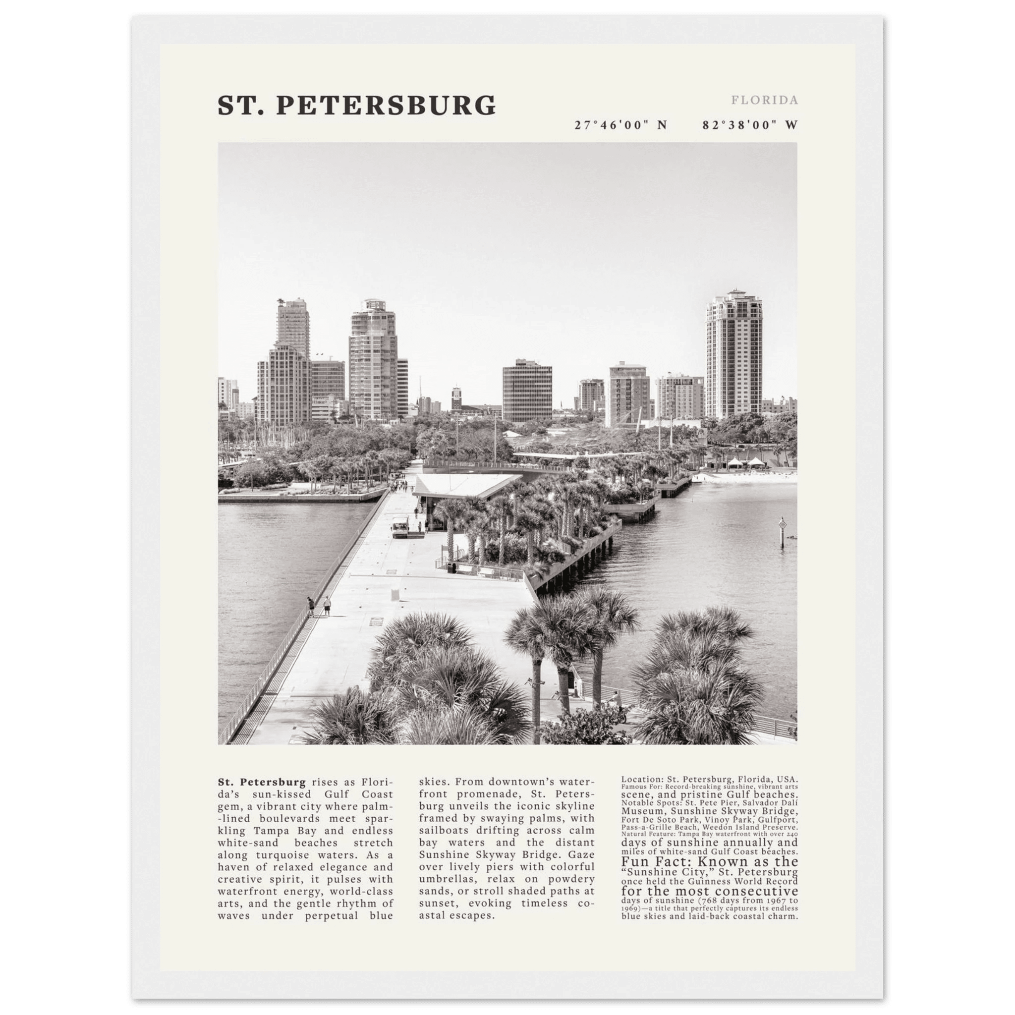 St. Petersburg Florida Poster Black and White – Vintage St Pete Skyline Print (Digital & Printed Options) - Evergreen Posters