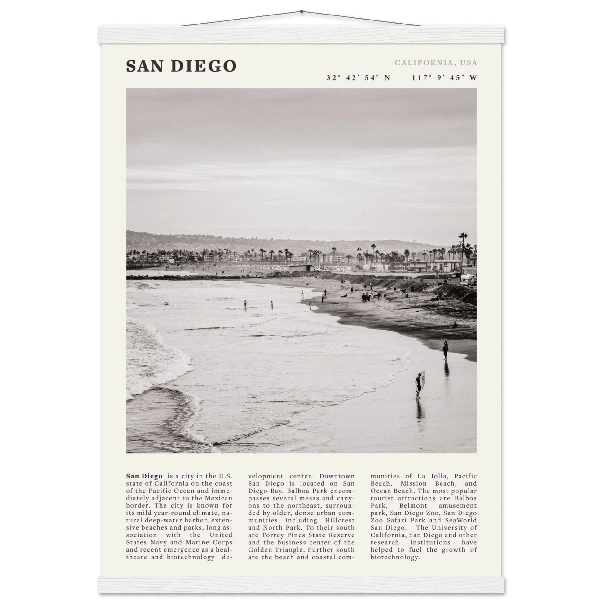 San Diego Poster | Black & White California Beach Wall Art | Coastal Travel Print Decor - Evergreen Posters