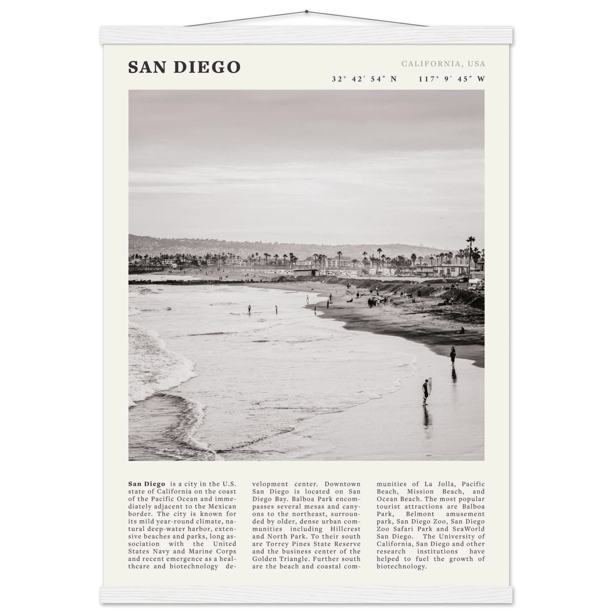 San Diego Poster | Black & White California Beach Wall Art | Coastal Travel Print Decor - Evergreen Posters