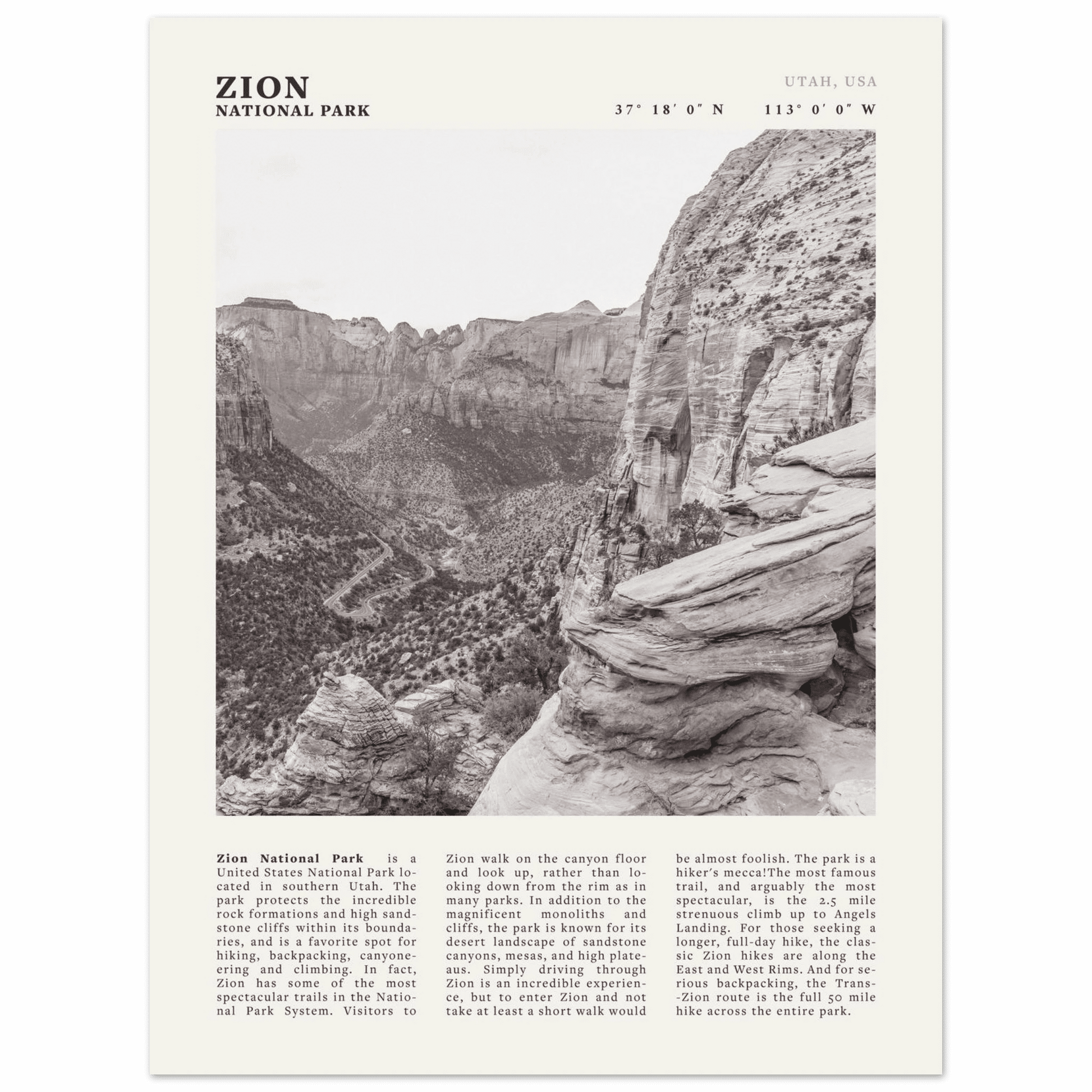 Zion National Park Poster | Black & White Utah Canyon Wall Art | USA Travel Print - Evergreen Posters