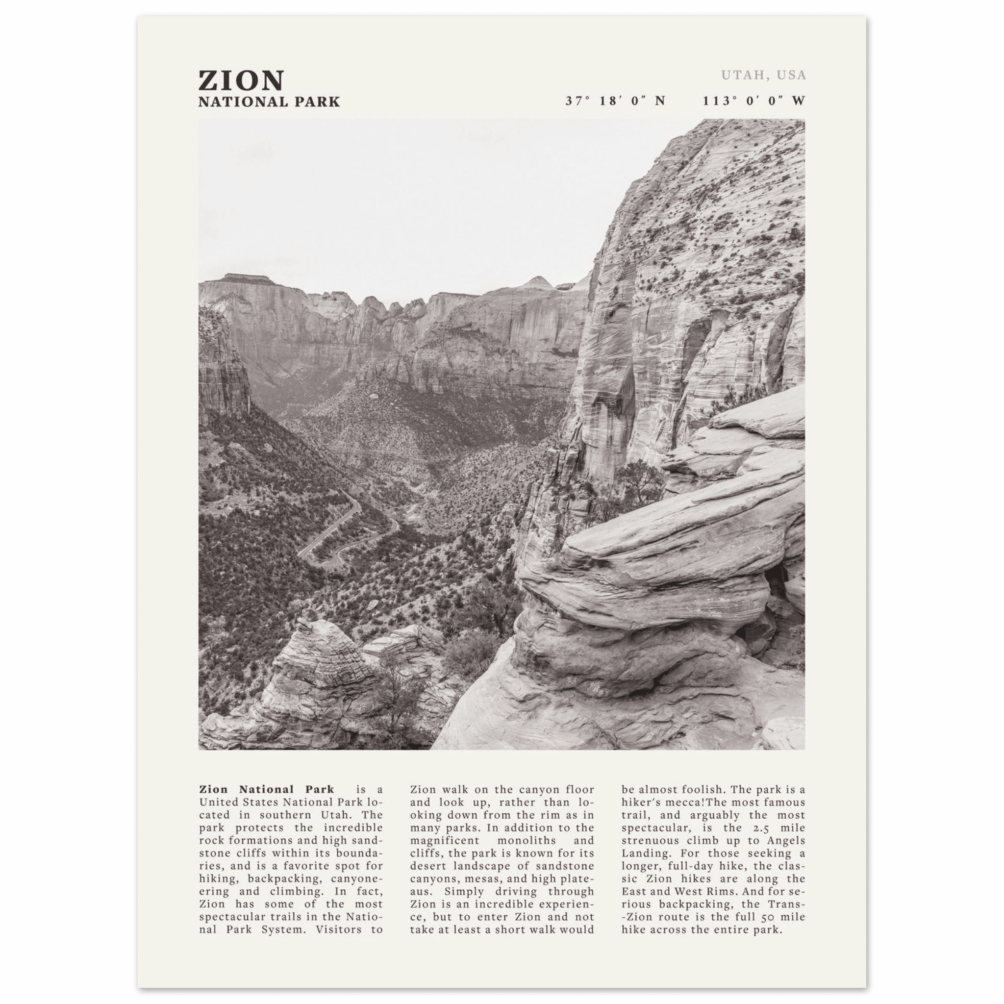 Zion National Park Poster | Black & White Utah Canyon Wall Art | USA Travel Print - Evergreen Posters
