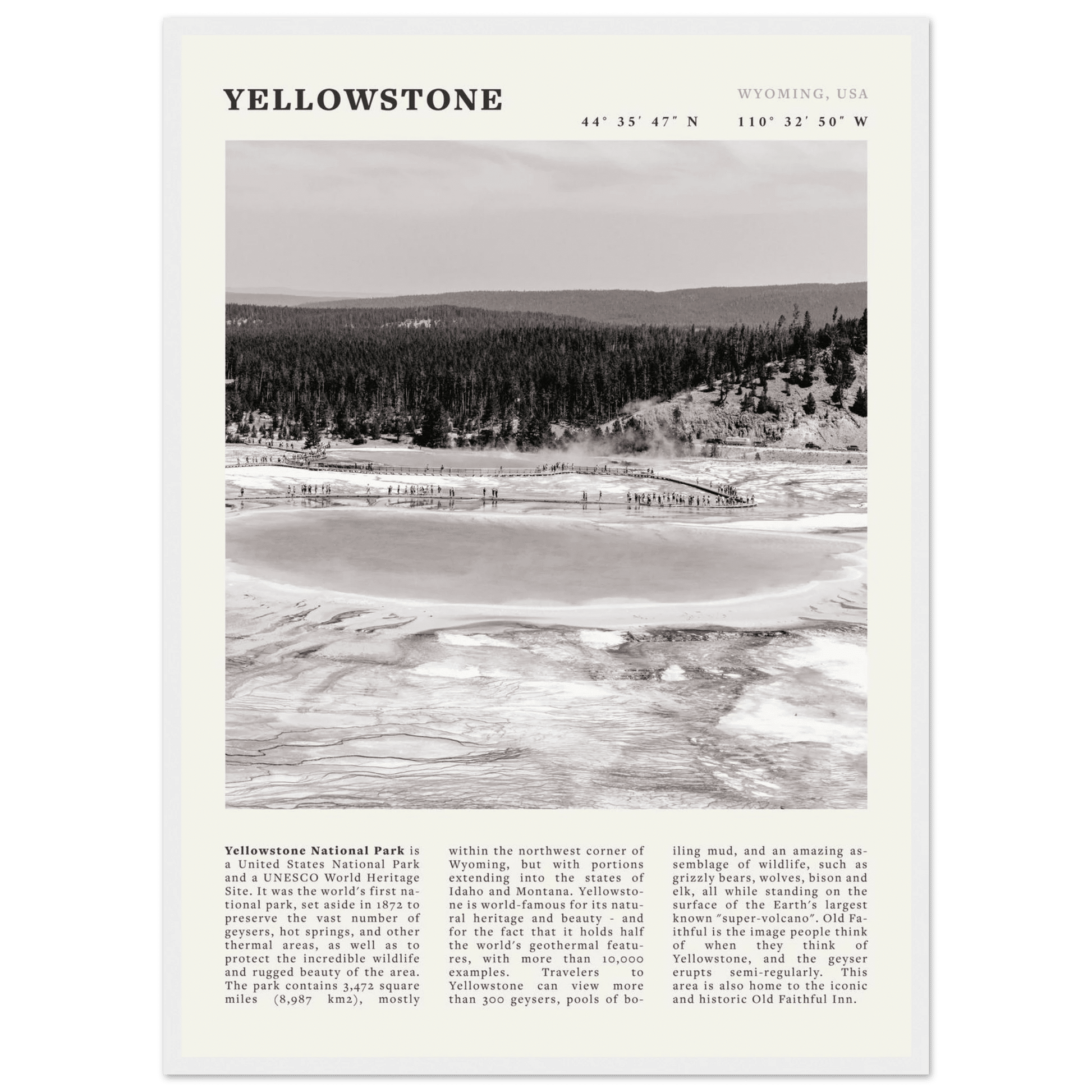 Yellowstone Poster | Black & White Grand Prismatic Spring Wall Art | WY Print - Evergreen Posters