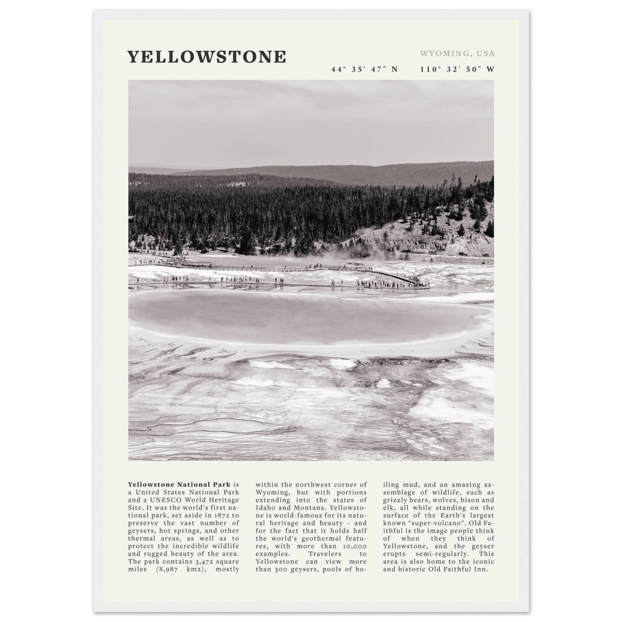 Yellowstone Poster | Black & White Grand Prismatic Spring Wall Art | WY Print - Evergreen Posters