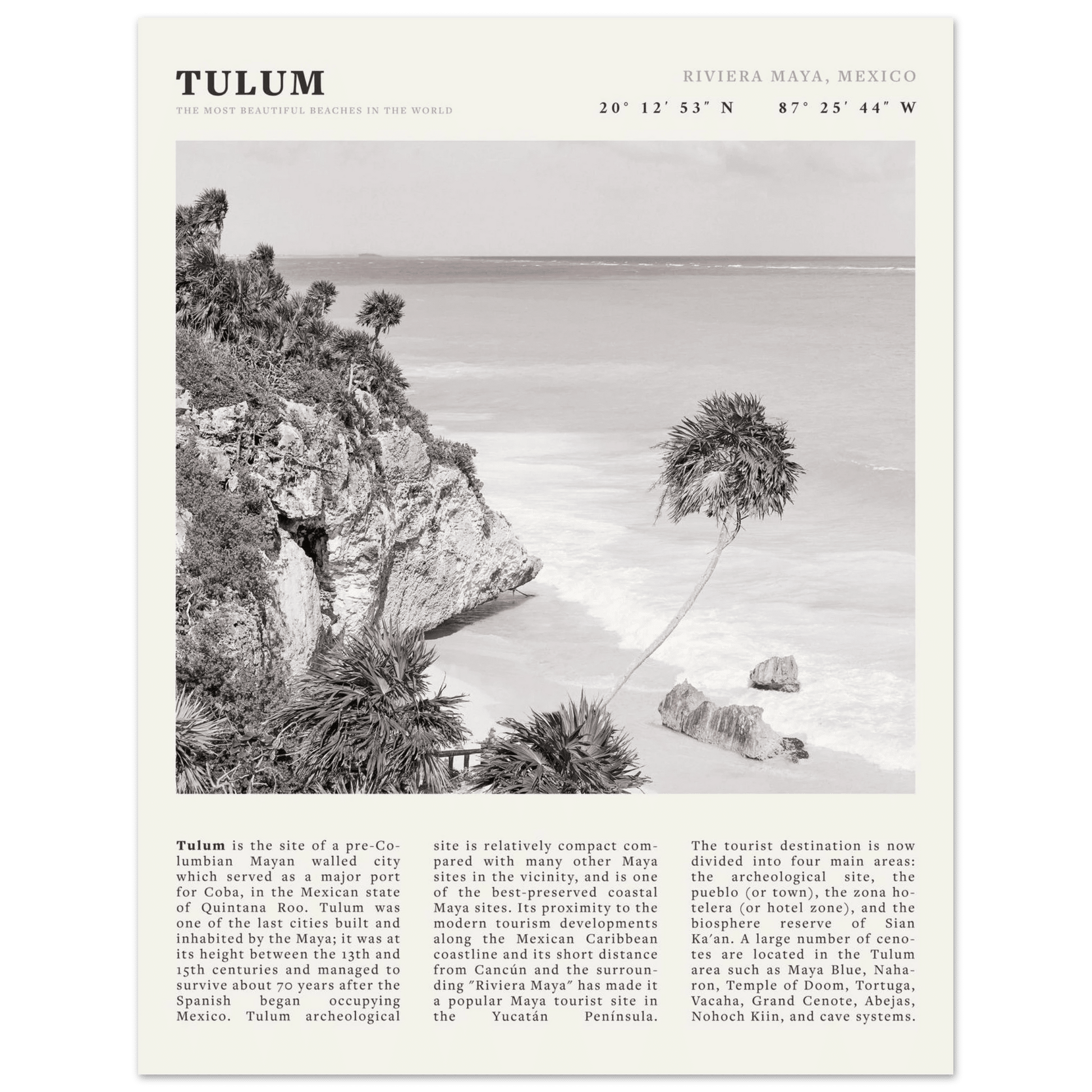 Tulum Poster | Black & White Riviera Maya Mexico Wall Art | Beach Travel Print - Evergreen Posters