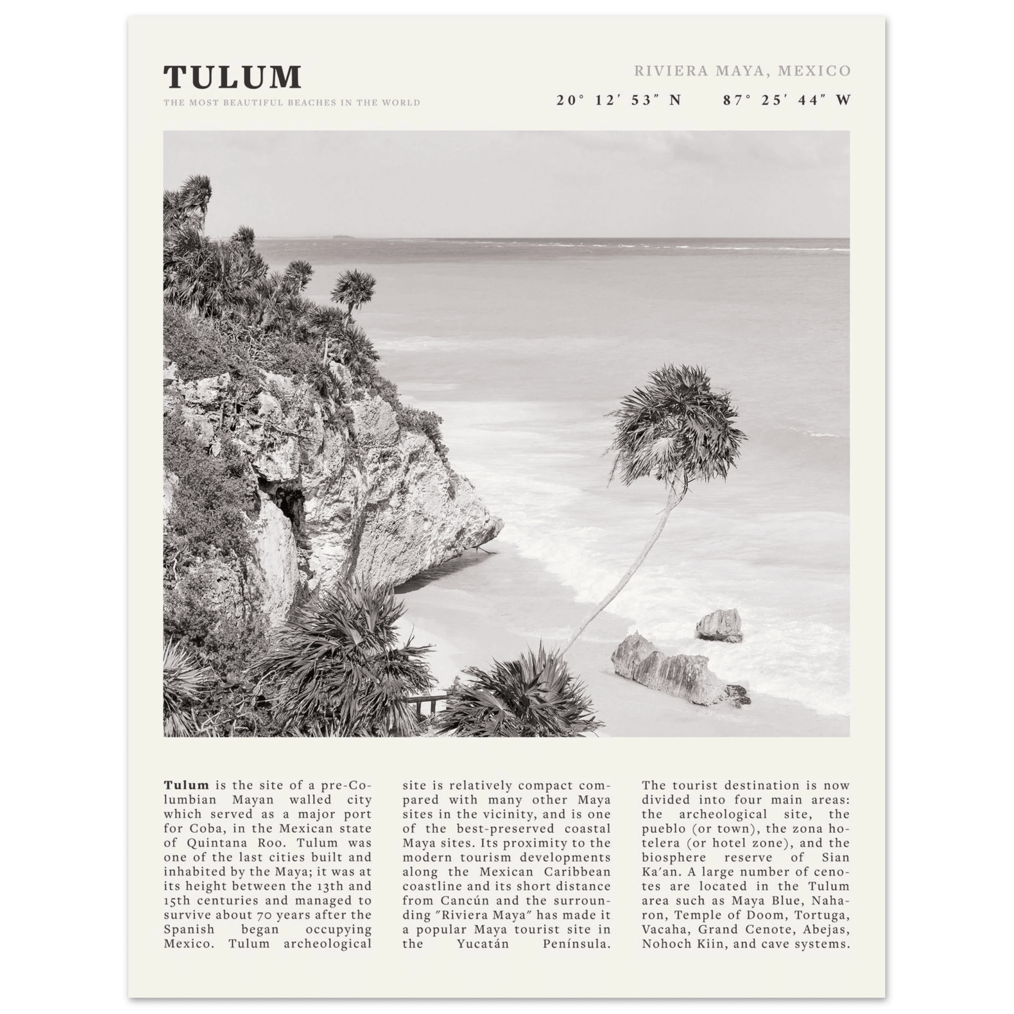 Tulum Poster | Black & White Riviera Maya Mexico Wall Art | Beach Travel Print - Evergreen Posters